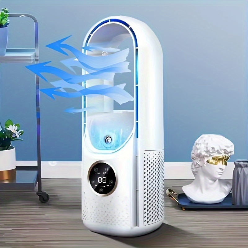 TEMU Portable Bladeless Air Conditioner Fan With Night Light - 6-speed Humidifier & Purification, Quiet Usb Desktop Tower Cooler For Bedrooms & Rooms