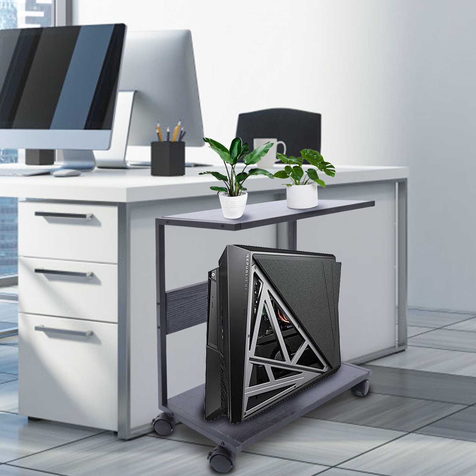 Computer Wheel Stand Computer Tower Stand 2 Tier Rolling With Charging Station - Under Desk ...