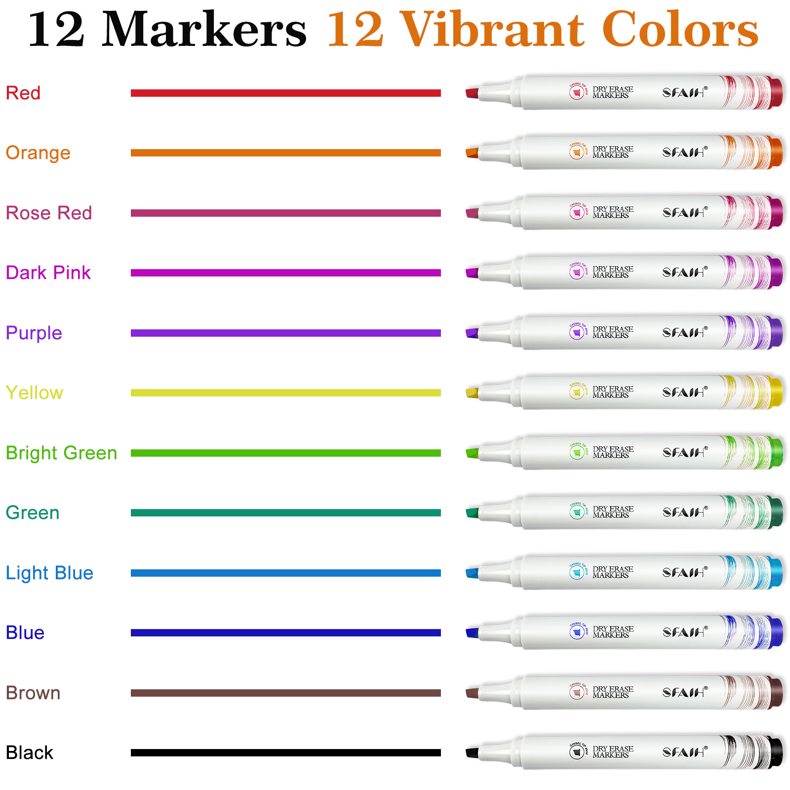 

12 Colors Chisel Tip Dry Erase Markers, Low-odor, Pack Of 12 - Ideal For Whiteboards, Non-porous Surfaces, School, Home & Office Supplies