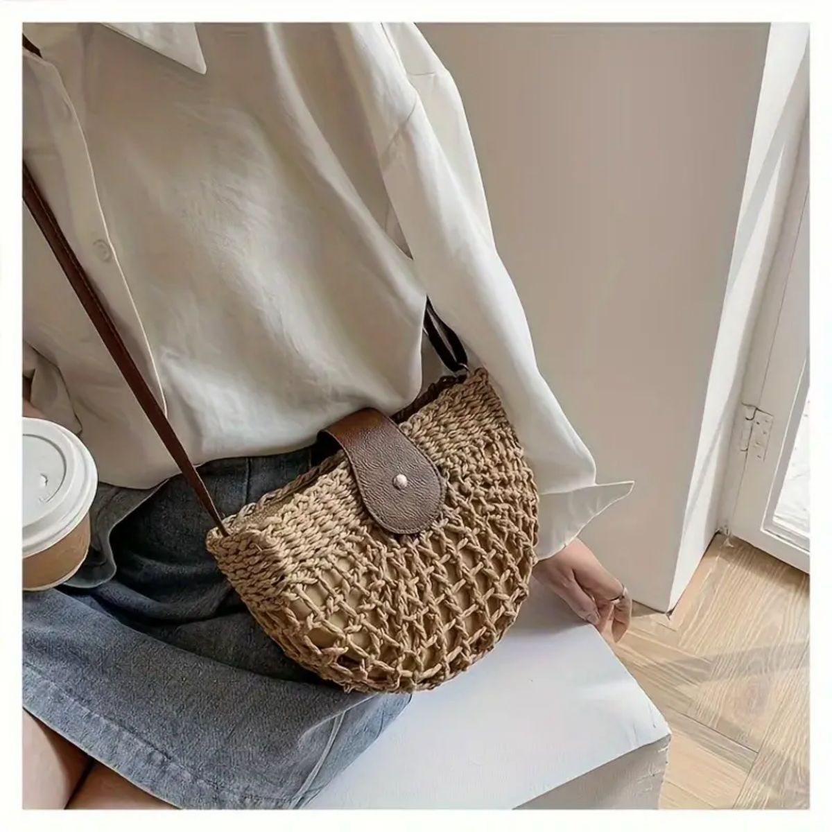 

2024 Summer Chic Semicircular Straw Crossbody Bag - Zipper Closure, Polyester Lining, Solid Color, Urban Theme - Trendy Elegant Messenger Bag For Womens Beach Outfits