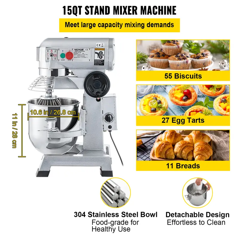 commercial food mixer 15qt commercial mixer with timing function 500w stainless steel bowl heavy duty electric food mixer commercial with 3 speeds adjustable 113 184 341 rpm dough hook whisk details 0