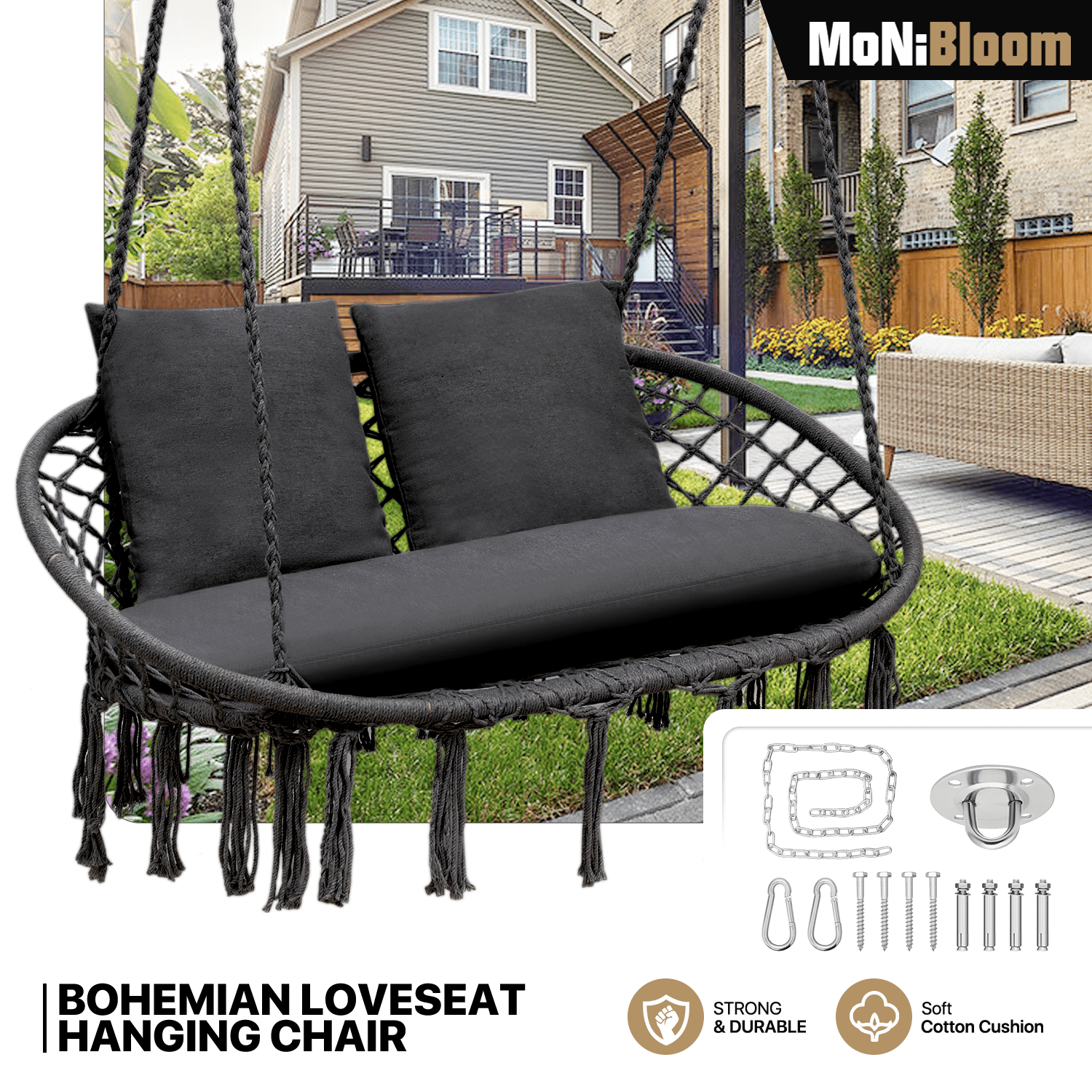 

Double Swing Chair With 3 Cushions For Outside, Large Hanging Macrame Swing Chair For Indoor/outdoor Relax, Adult Hammock Boho Chair Max 700 Lbs Capacity For Porch Balcony Backyard