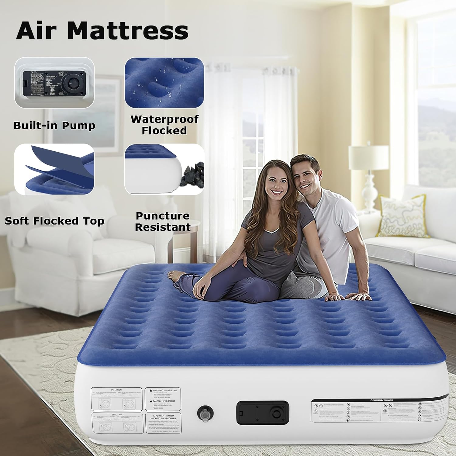 

Air Mattress Queen Size (blue) With Built In Pump Comfortable Blow Up Mattress Portable Inflatable Bed For Camping, Inflatable Mattress Guest Bed For Home