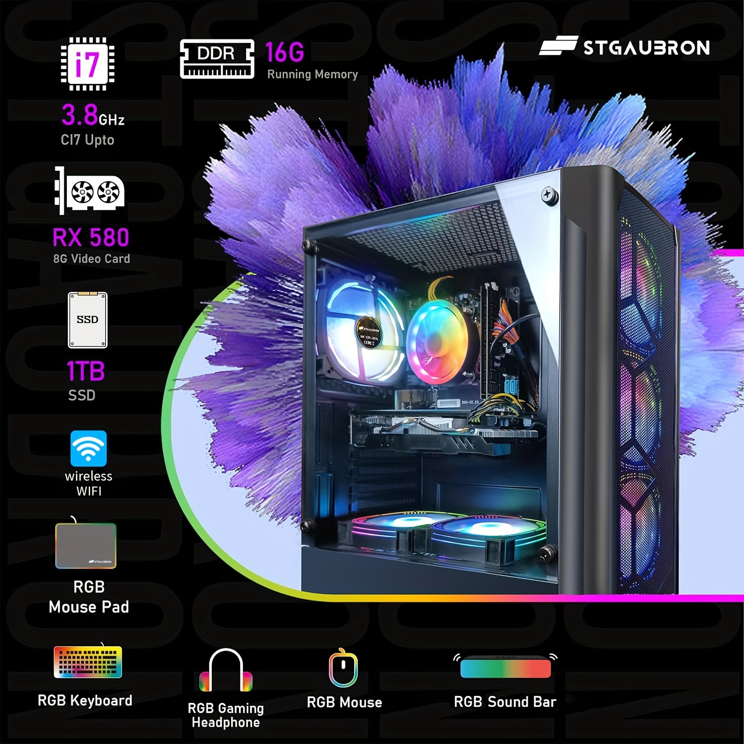 

Stgaubron Gaming Pc Diamond , I7 Up To 3.8g, Rx580 8g,16g,1tb Ssd,,wireless 5.0,rgb Fan X 6, Rgb Keybaord&& Pad, Rgb Wireless Bar, Mic,w10h64