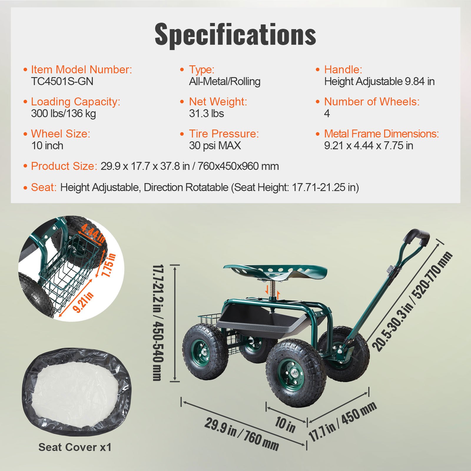 Garden Cart Rolling Workseat 8