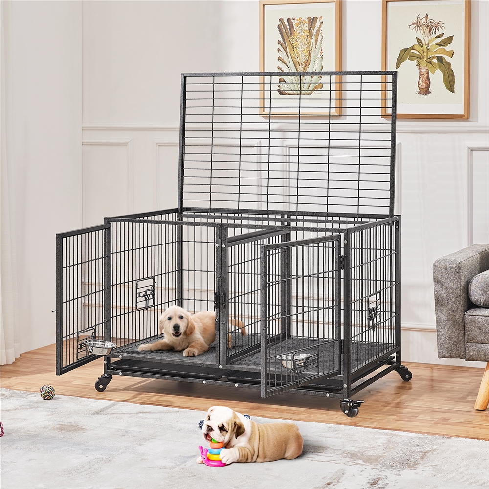 

42.5 W Rolling Dog Crate Rolling Heavy Duty Dog Cage With 2 Stainless-steel Bowls, Removable Divider, 2 Pull-out Trays For Small Dogs, Black