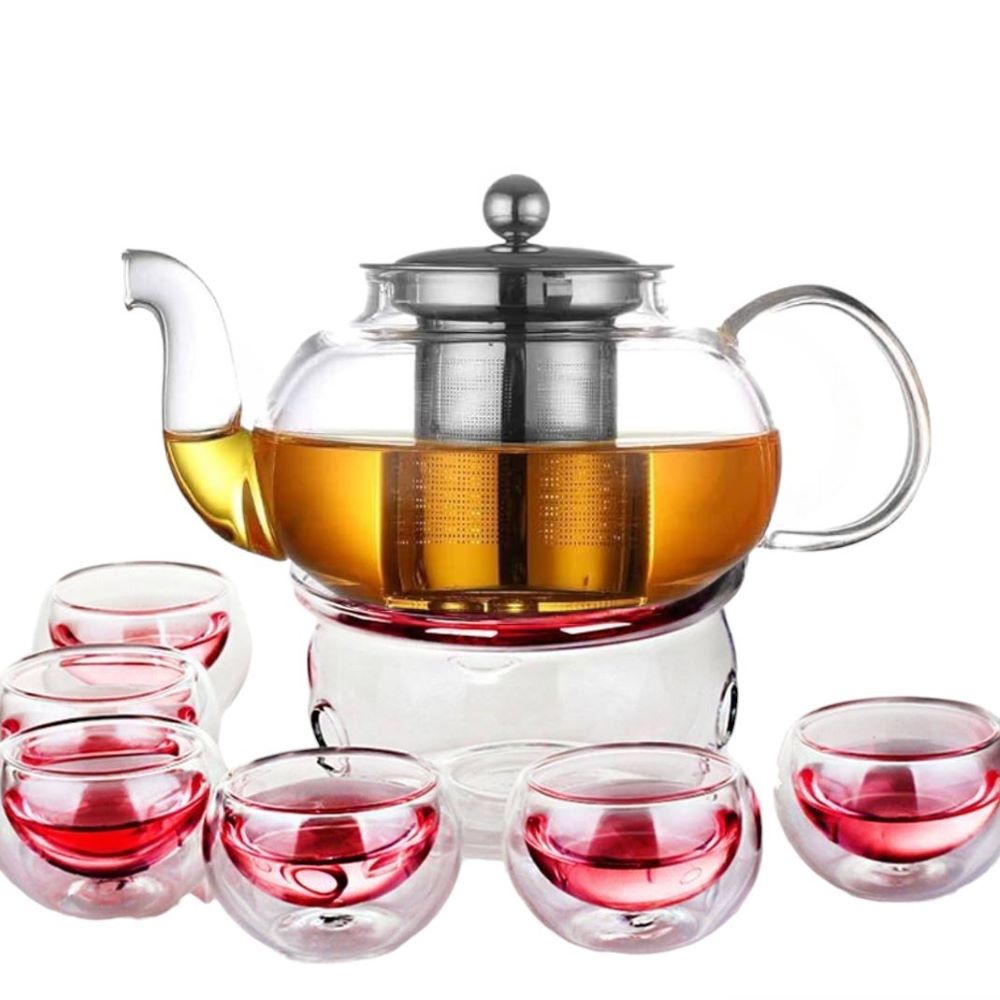 

Glass Teapot With Stainless Steel Infuser Warmer And 6 . In The Of Tea With This Glass , With Functionality. Ships From Dallas Texas