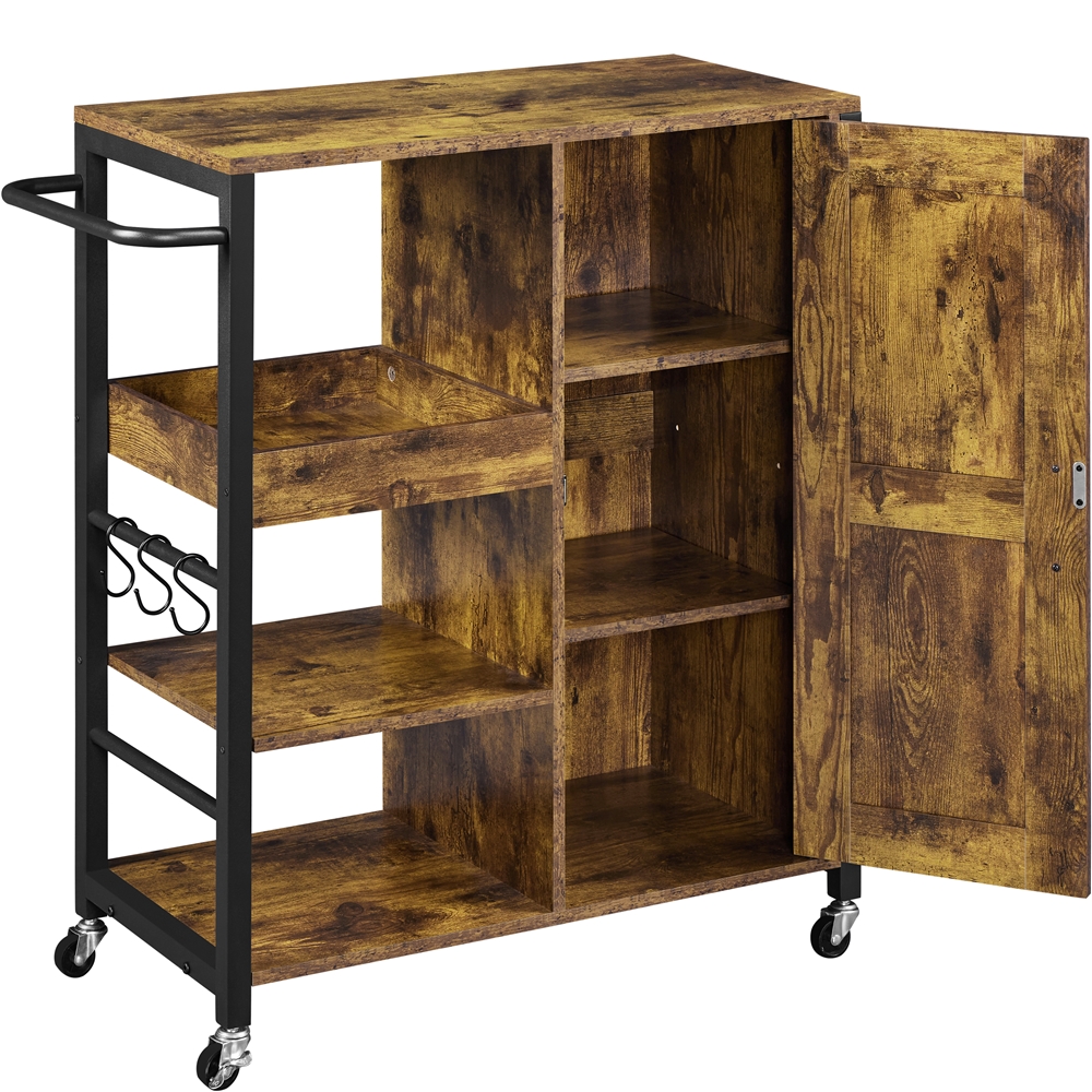 

Storage Cabinet Cart Multi-purpose Kitchen Cart On Wheels With Open Shelves & Adjustable Shelves & Barn Door For Kitchen, Rustic Brown