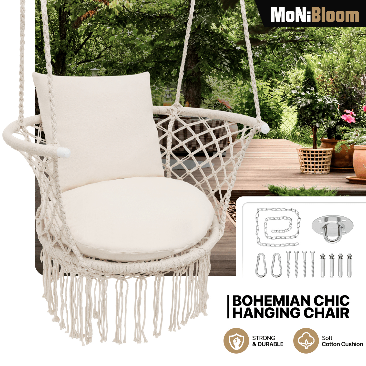 

Macrame Hanging Swing Chair With Cushions, Boho Style Cotton Rope Mesh Hammock Chair With Tassels Max 350 Lbs For Indoor/outdoor Macrame Swing For Living Room, Porch, And Patio
