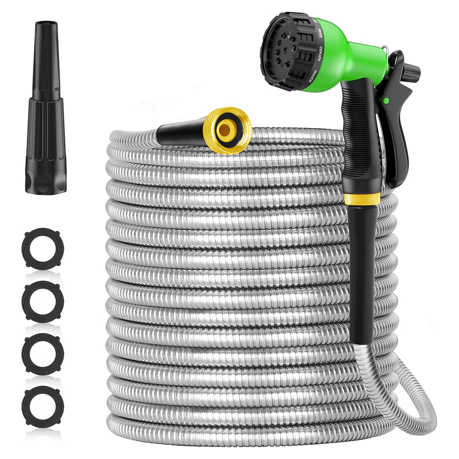 

50ft,100ft 304 Stainless Steel Garden Hose Metal, Heavy Duty Water Hoses With Nozzles For Yard, Outdoor - Flexible, Never Kink & , Puncture Resistant (sliver)