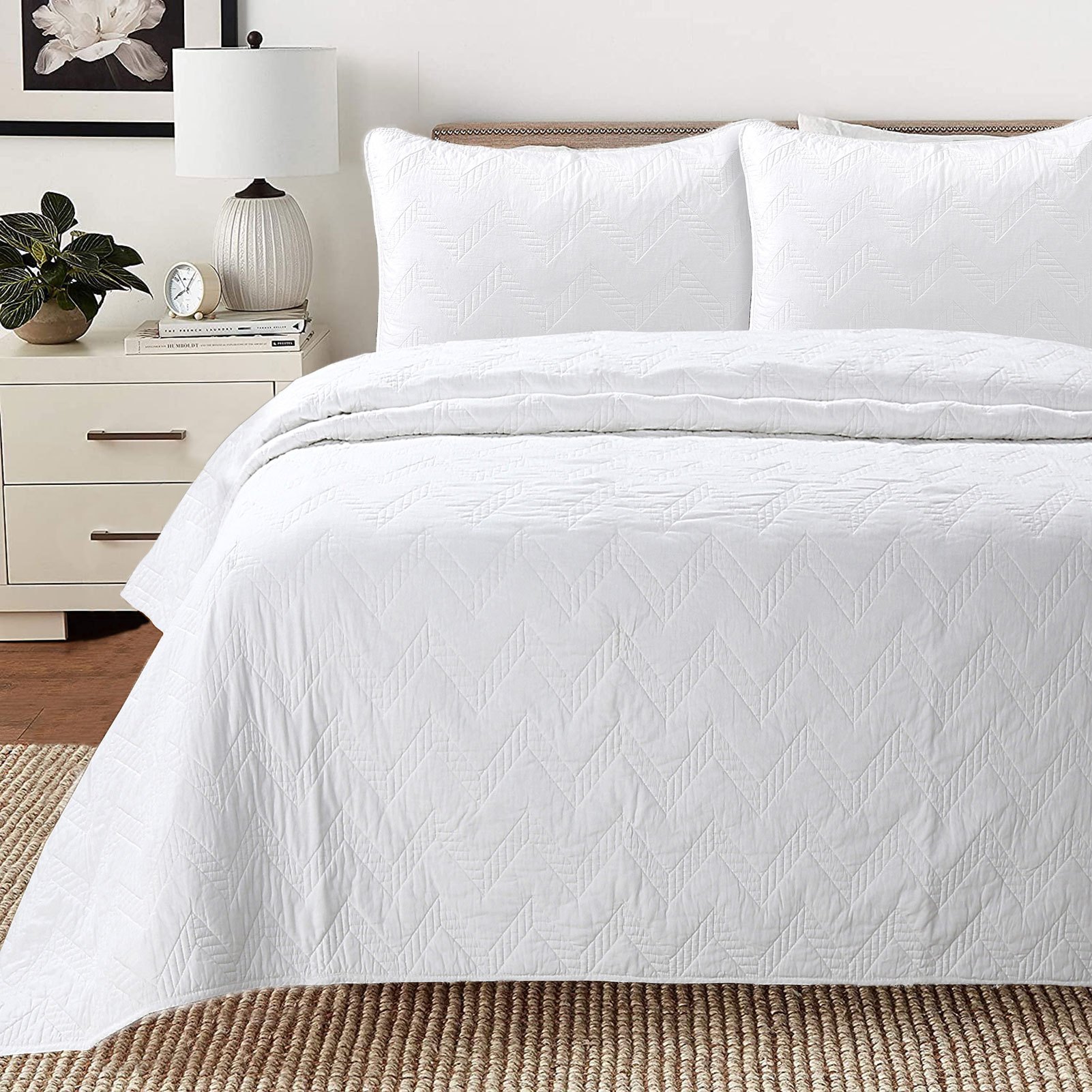 

Cotton Chevron White Solid Quilt Bedding Set, Lightweight Bedspread Coverlet For All