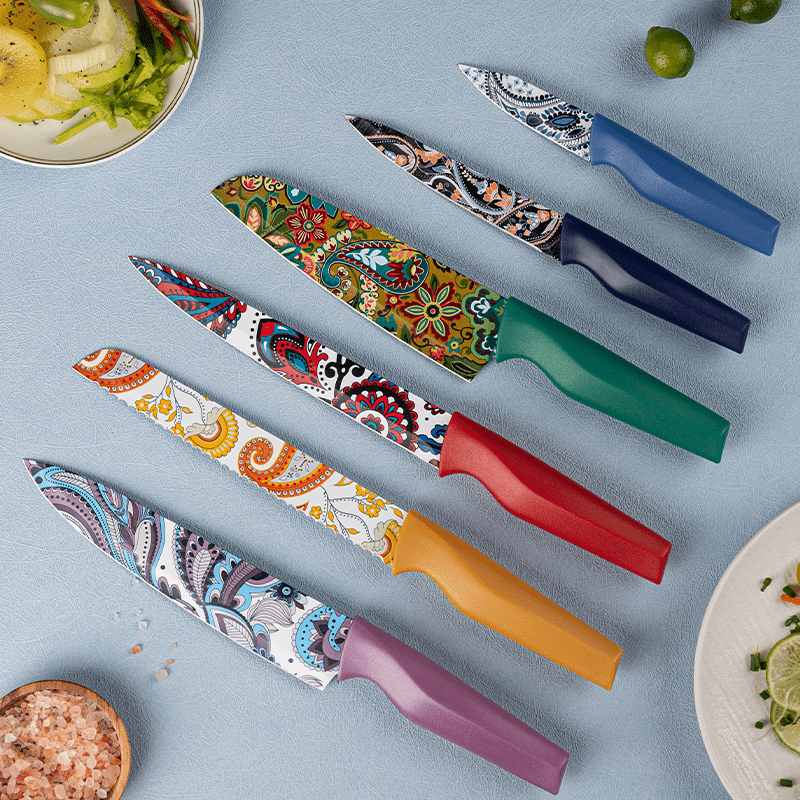 

Astercook 12 Piece Set, 6 Knives And 6 , Paisley Patterned Knife Set With Cover, Dishwasher Safety Colored Knife Set With 6 Scabbards, German Stainless Steel Rainbow Knife Set