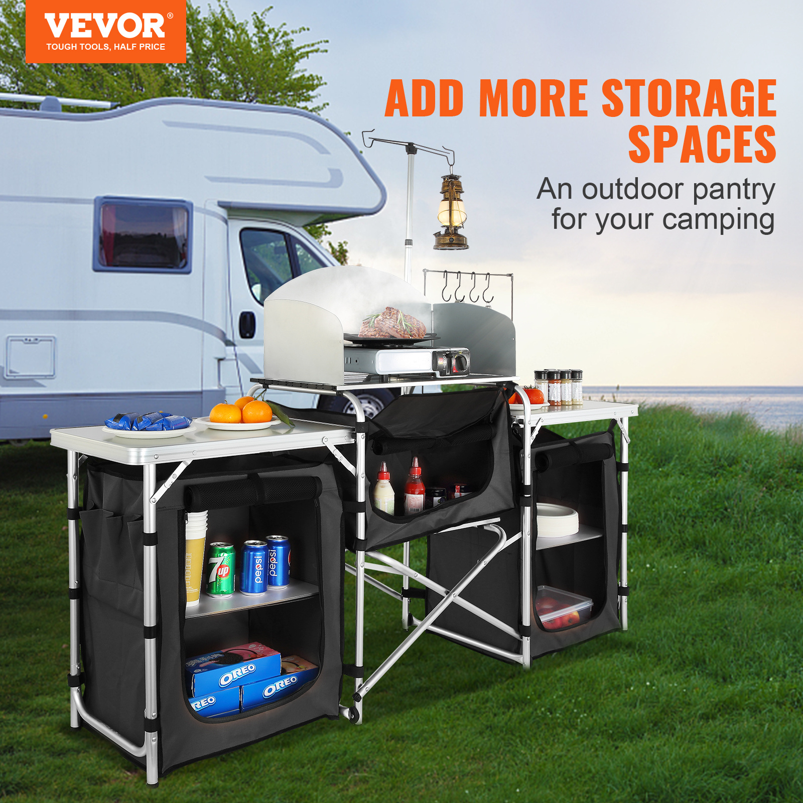 TEMU Vevor Camping Kitchen Table, Aluminum Portable Folding Camp Cook Table With Windshield, 3 Cupboard, Storage Organizer, Quick Installation For Outdoor Picnic Beach Party Cooking, Black