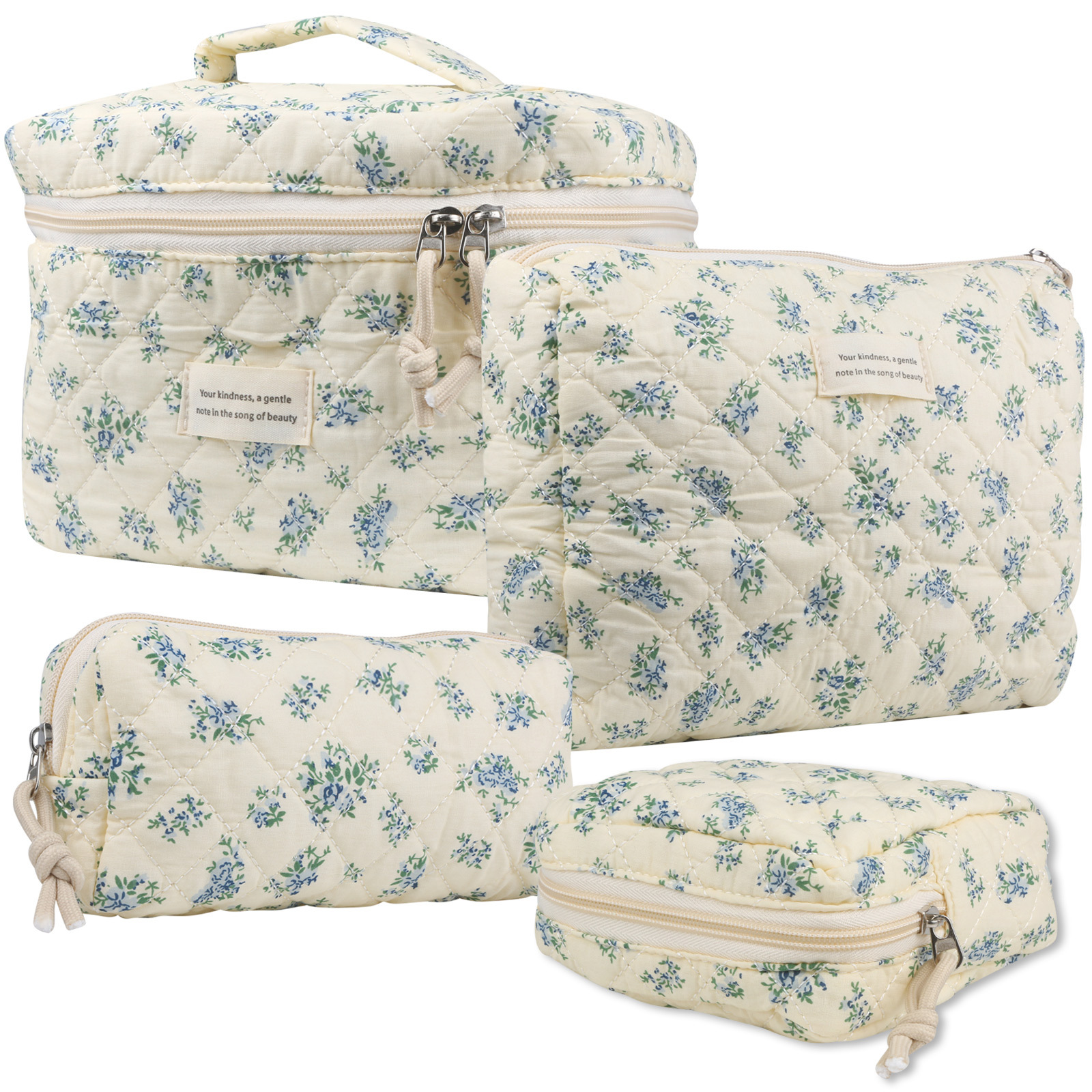 TEMU 4 Pcs Quilted Makeup Bag, Cotton Large Travel Makeup Bag, Cute Floral Coquette Make Up Bag Cosmetic Bag Toiletry Bag For Women