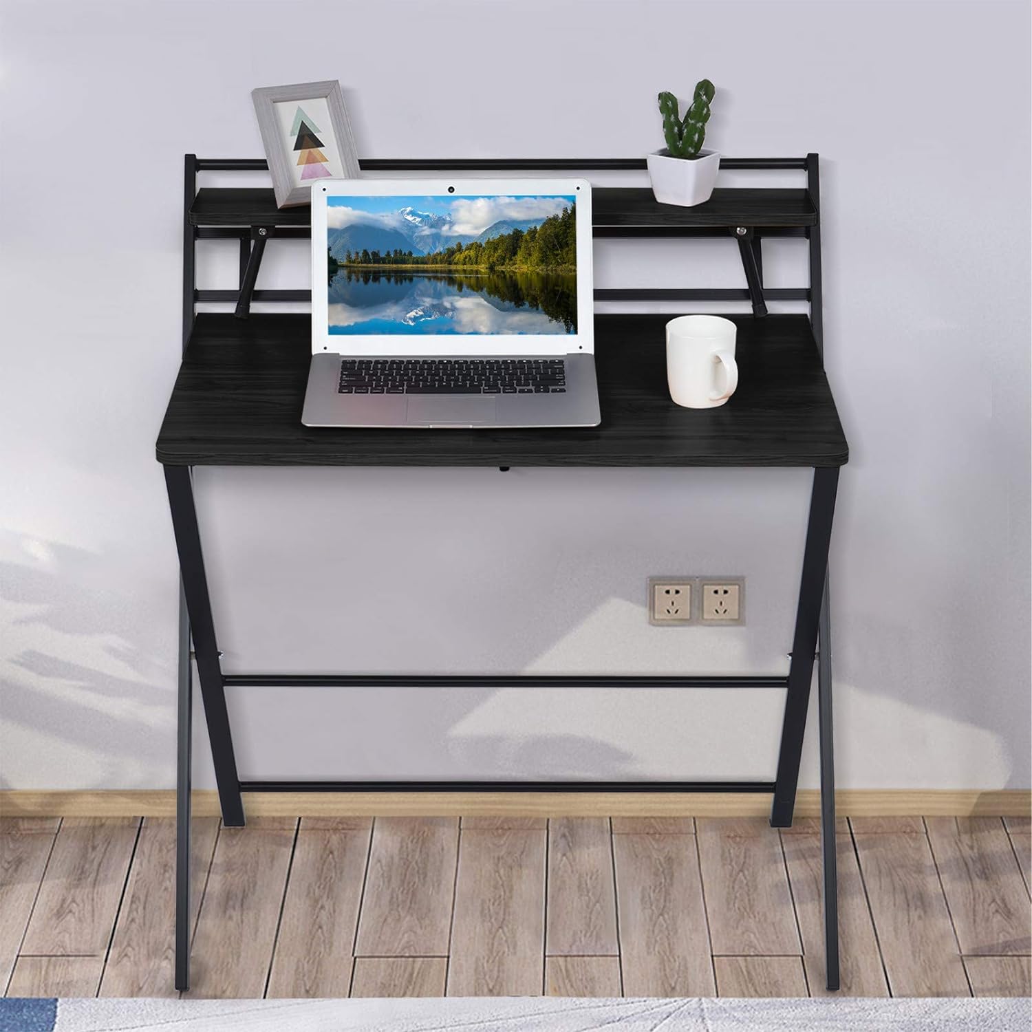 

Folding Desk No Assembly Required, Computer Desk Writing Student And Home Office Organization With 2-tier Modern Shelf Foldable Table Workstation For Small Spaces 32.919.7, Black