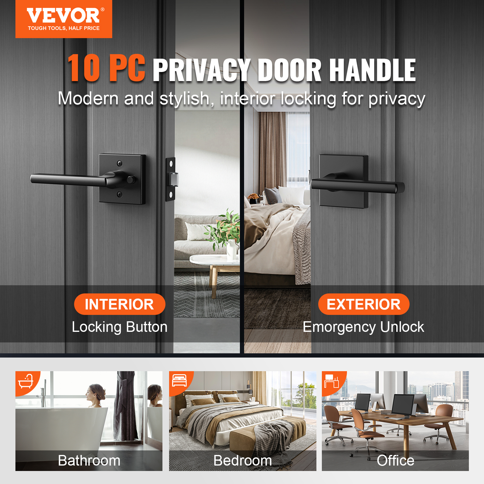 

Vevor Privacy Door Handle, 10 Pack Matte Black Door Lever, Left Or Right Handing Reversible Lever With Keyless Lock, 45 Rotation To Open, Square Interior Door Handles For Bedroom And Bathroom Doors