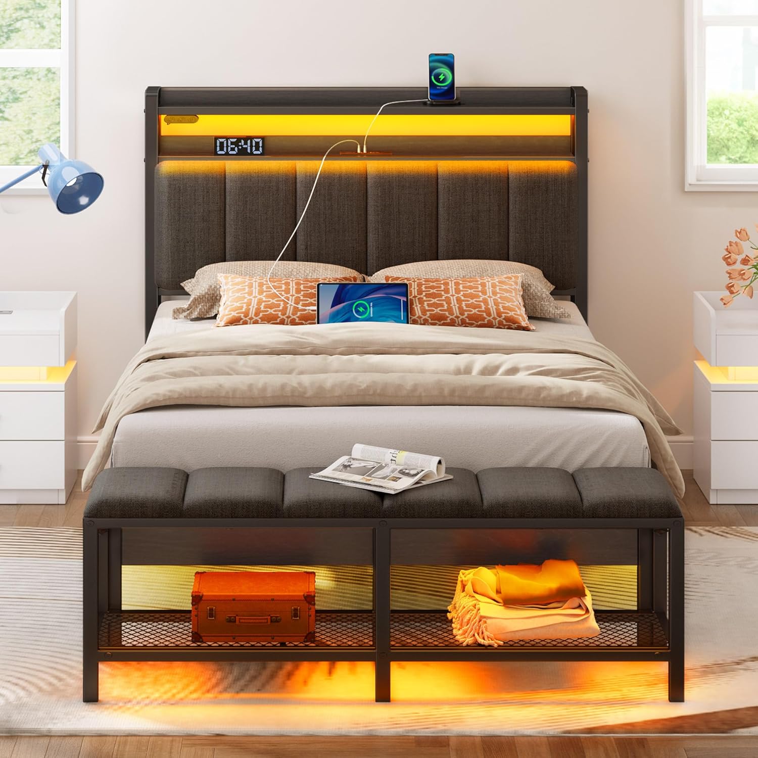 

Twin/full/queen Bed Frame With Charging Station & Led Lights, Upholstered Headboard With Storage Shelves, Heavy Duty Metal Slats, No Box Spring Needed, Easy Assembly