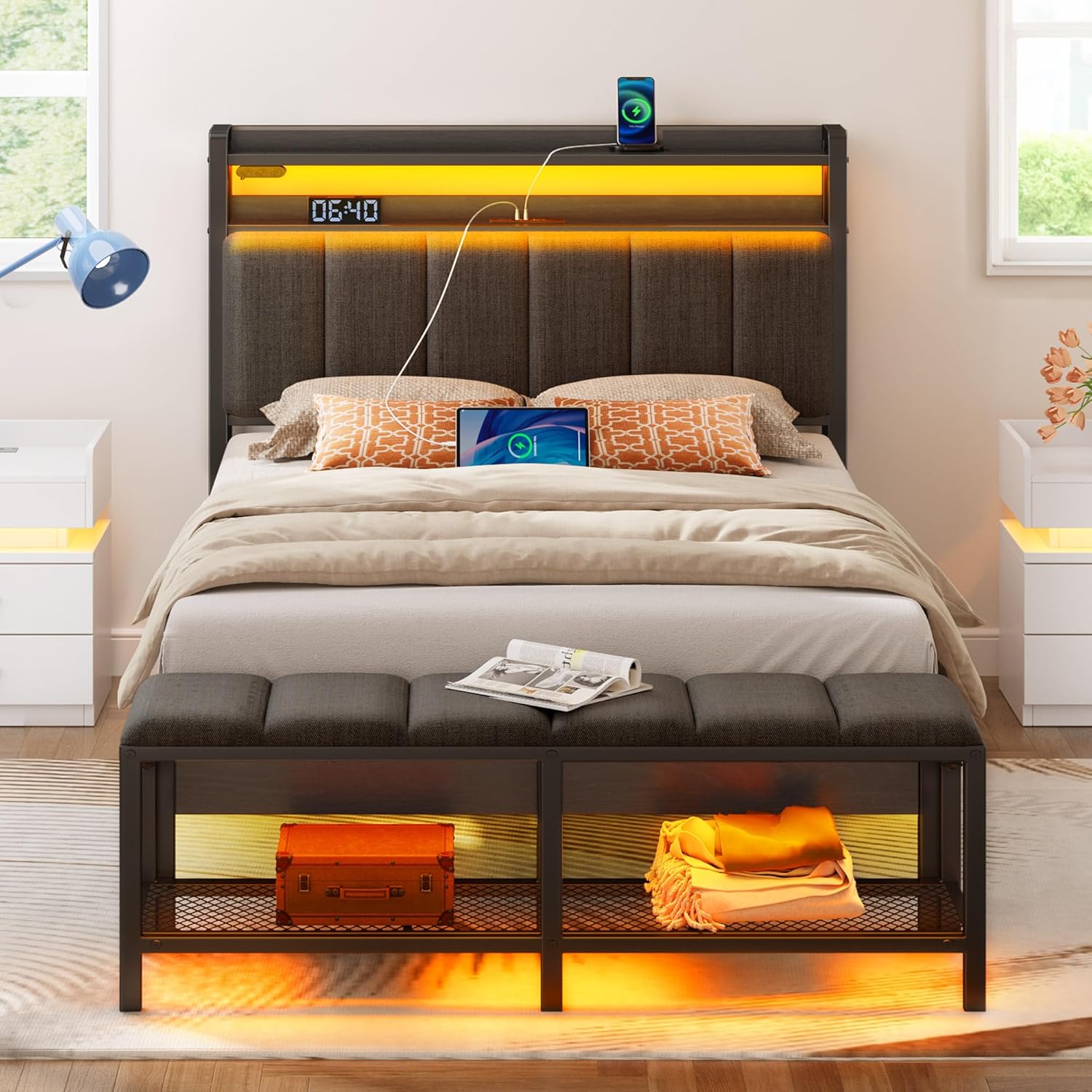 

Greenstell Twin/full/queen Bed Frame With Charging Station & Led Lights, Upholstered Headboard With Storage Shelves, Heavy Duty Metal Slats, Spring Needed, Easy