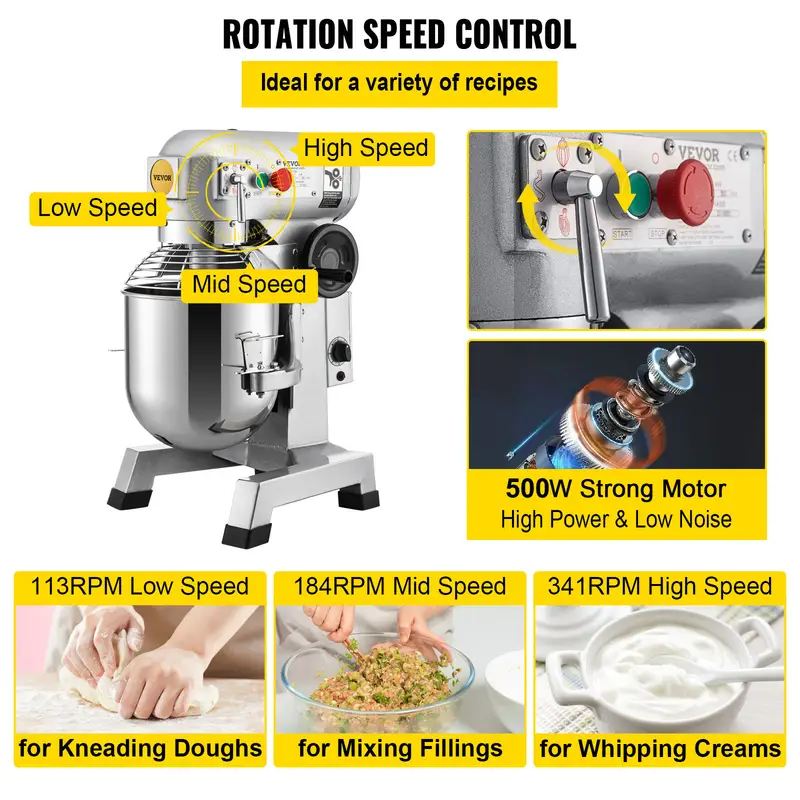 commercial food mixer 15qt commercial mixer with timing function 500w stainless steel bowl heavy duty electric food mixer commercial with 3 speeds adjustable 113 184 341 rpm dough hook whisk details 5