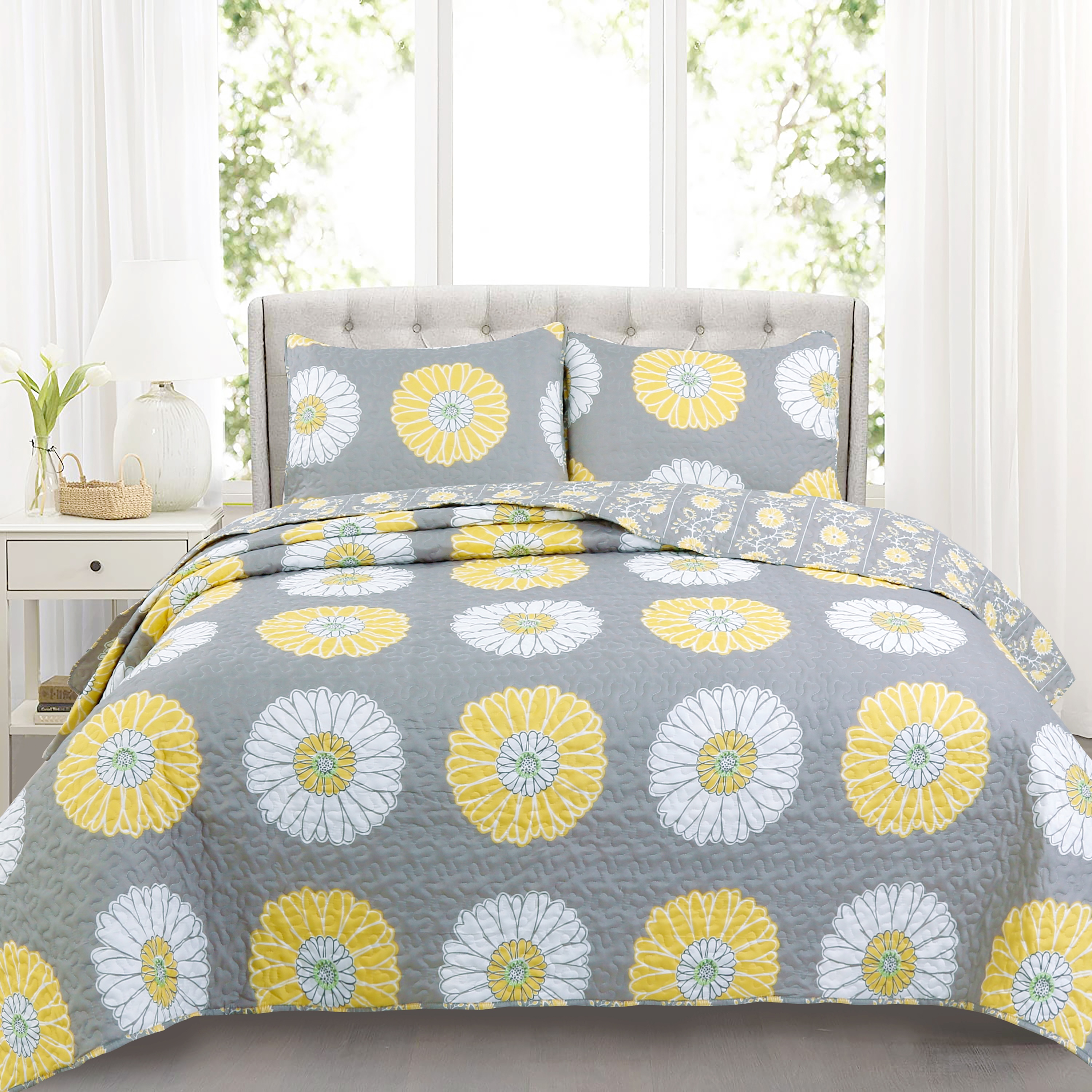

Anya Floral Yellow Grey Reversible Quilt Bedding Set, Lightweight Bedspread Coverlet For All Seasons