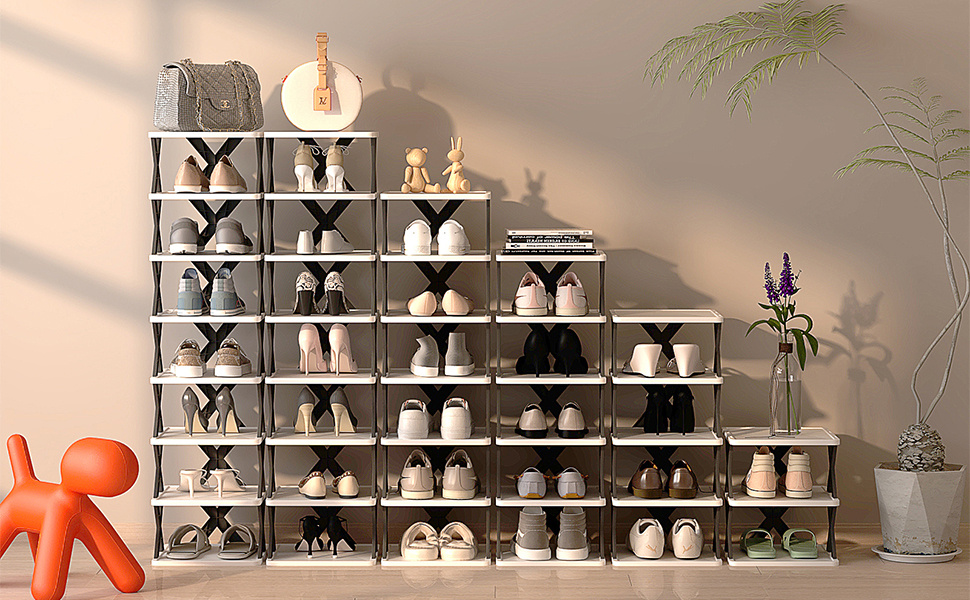 6/9 Tier Narrow Shoe Rack, Small Vertical Shoe Stand, Space Saving DIY Free Standing Shoes Storage Organizer for Entryway, Closet, Hallway, Easy Assembly and Stable in Structure, White and Green / Black / Blue