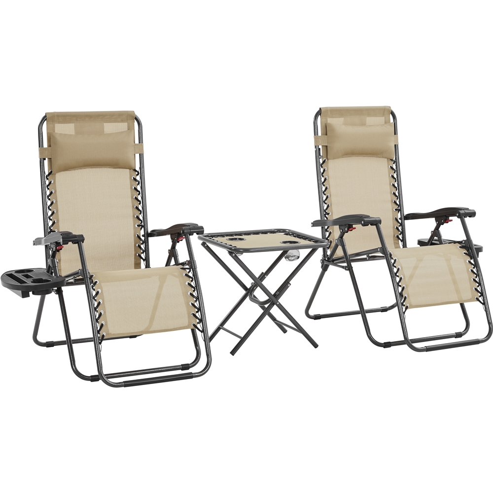 

3pcs 0 With Table, Patio Lounge Camping Chairs & Table Set For Poolside Backyard And Beach, Beige