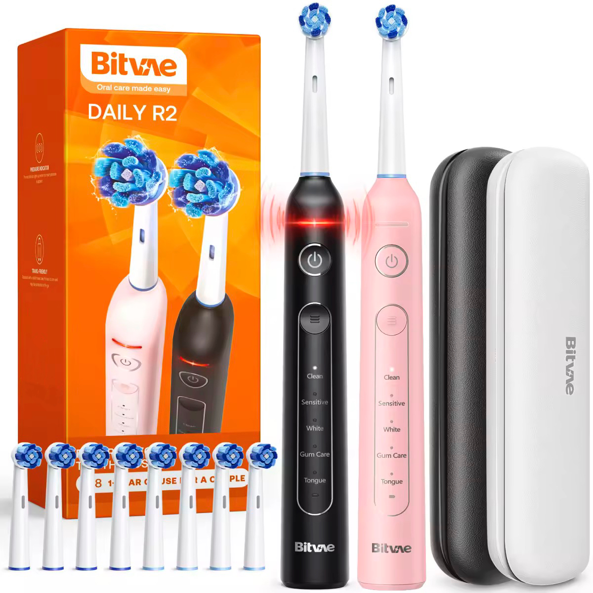 

Bitvae Rotating Electric Toothbrush 2 Packs For Adults With Pressure Sensor, Gifts For Men/women, 5 Rechargeable Power Toothbrush With 8 Brush Heads, R2