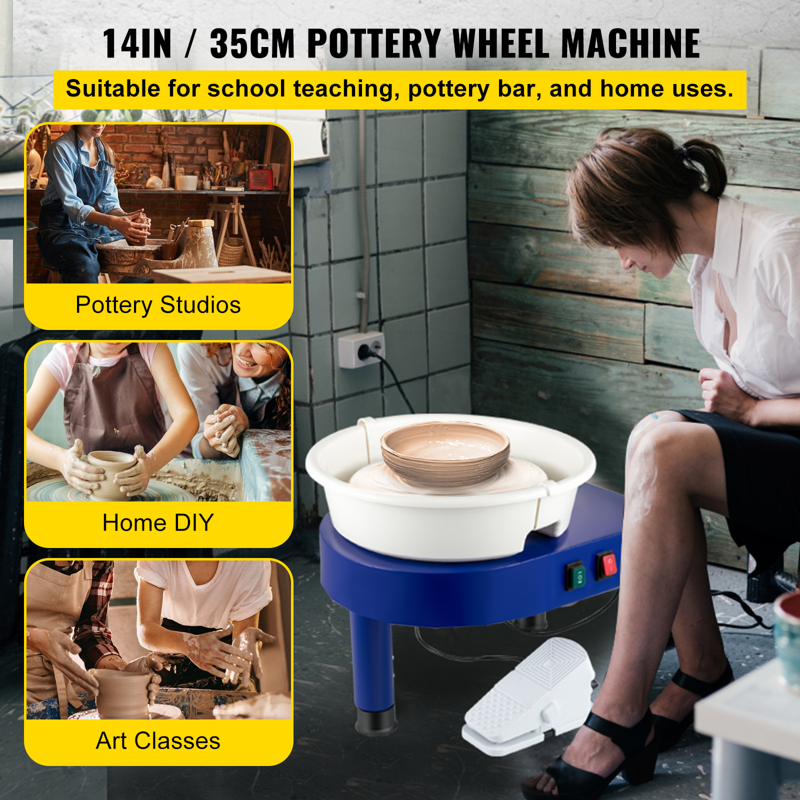 

Vevor Pottery Wheel, 14in Ceramic Wheel Forming Machine, 0-300rpm Speed 0-7.8in Lift Table Electric Clay Machine, Foot Pedal Detachable Basin Sculpting Tool Accessory Kit For Work Home Art Craft Diy