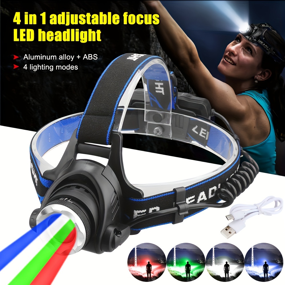 TEMU 4in1 Head Torch Headlamp Red Green White Blue Light Rechargeable Flashlight With 2x 18650 Batteries Hunting Camping