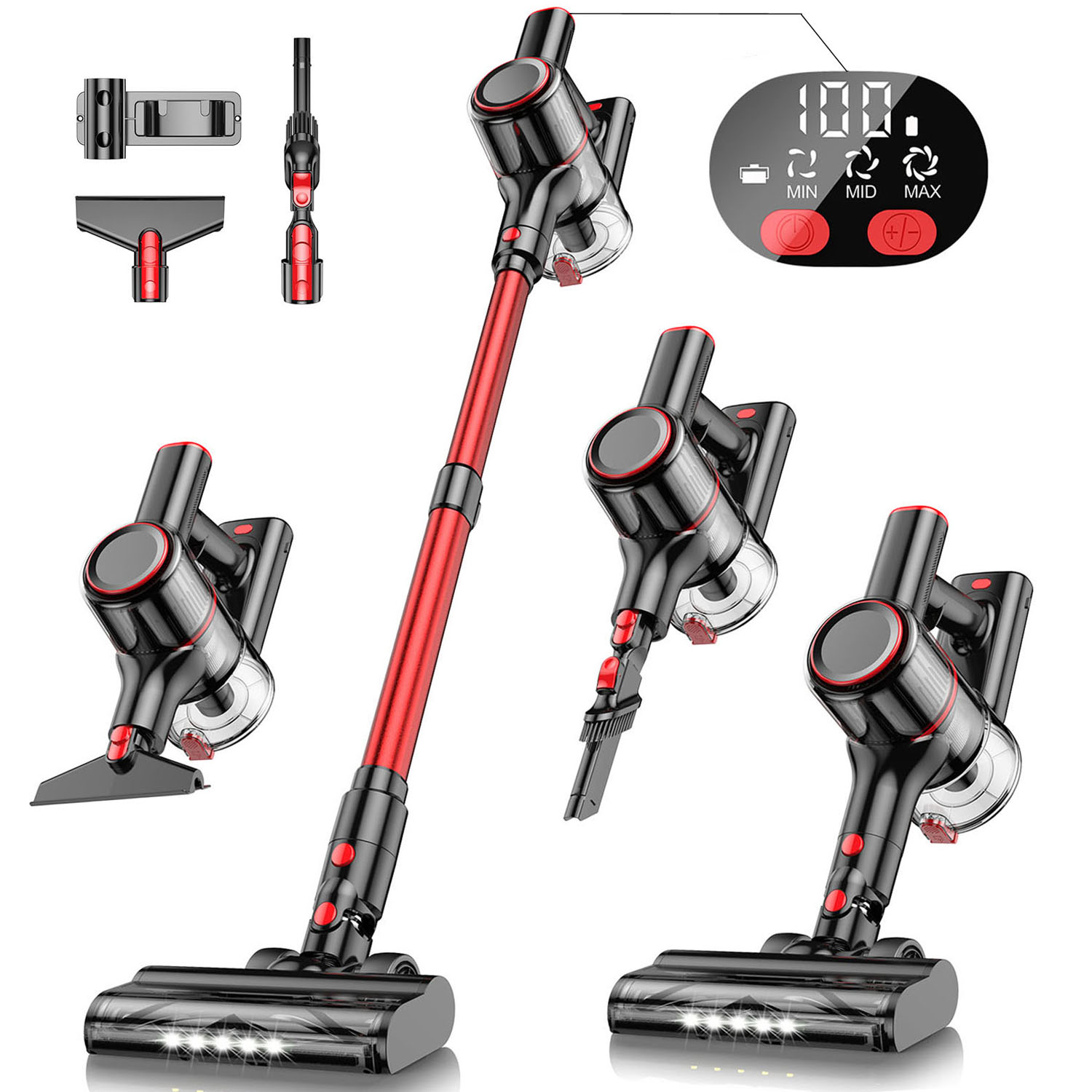

Cordless Vacuum Cleaner, 8 In 1 Stick Vacuum With 30kpa Powerful Suction, Led Display, 3 Modes Suction, Anti-tangle & 1.2 Dust Cup, Lightweight Vacuum For Hardwood Floor/carpet/pet Hair, Red