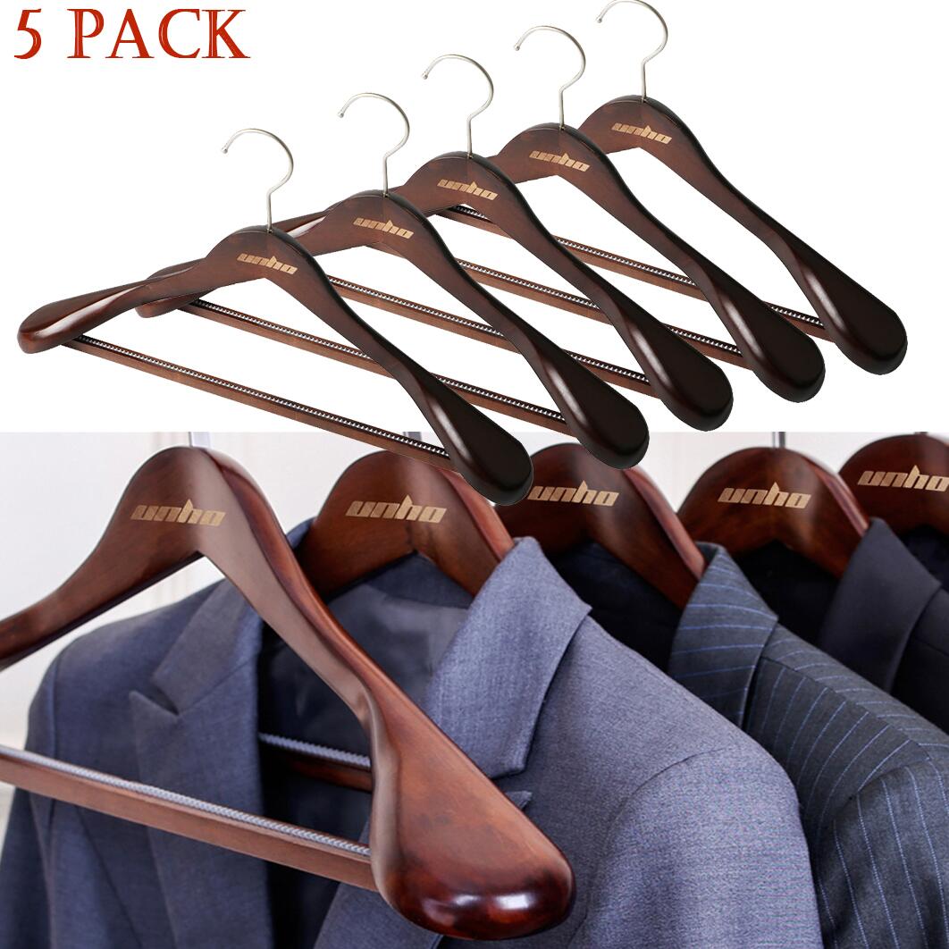 

Wooden Suit Hangers, 5 Pack Extra-wide Shoulder Wood Coat Hangers With Non Slip Pant Bar, Extra Smooth And Free Retro Finish