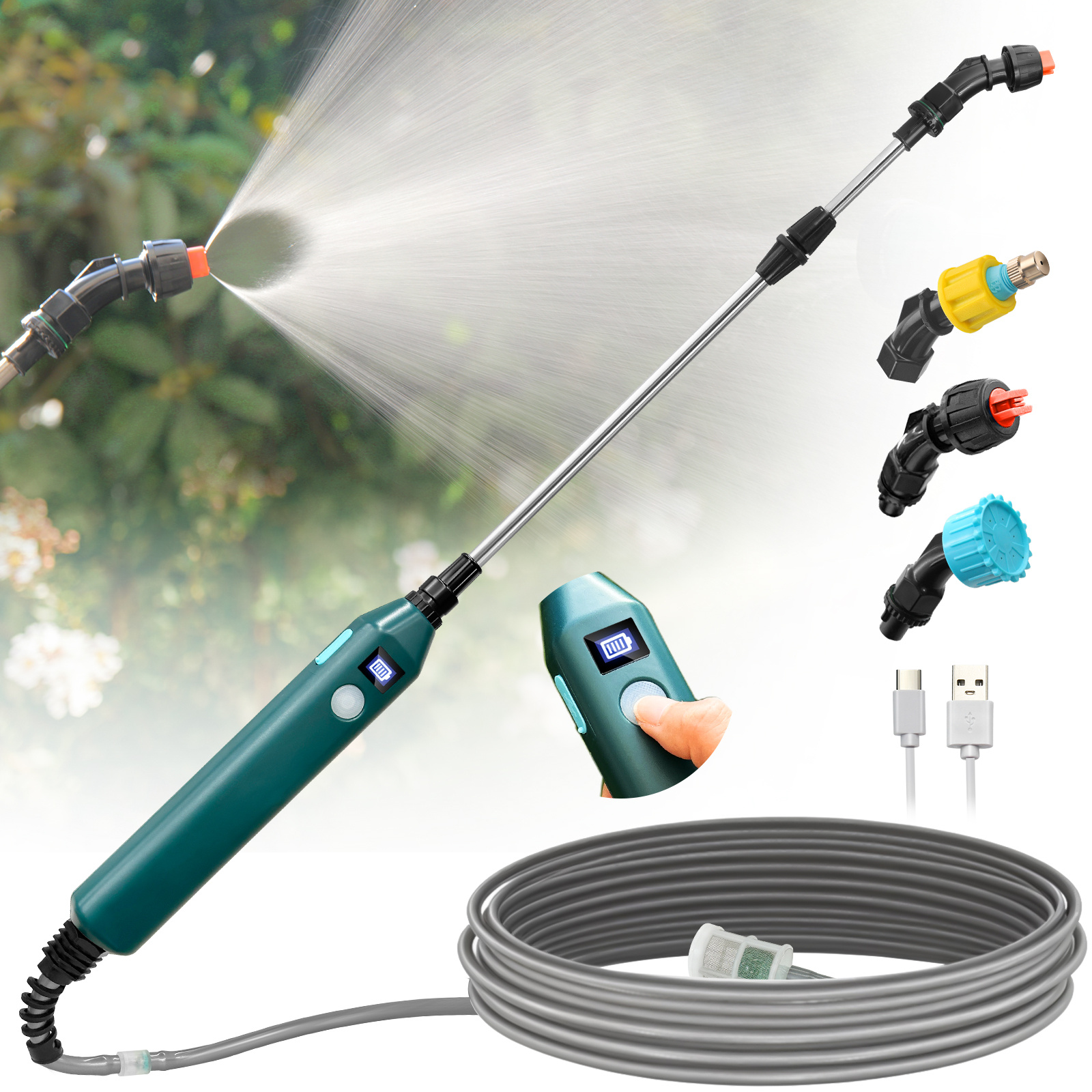 

New Upgraded 23.6inch Electric Sprayer Telescopic Wand With Battery Indicator, Battery Powered Sprayer Wand, 16.4ft Hose, 3 Mist Nozzles, Rechargeable And Portable Spray Wand For Gardening