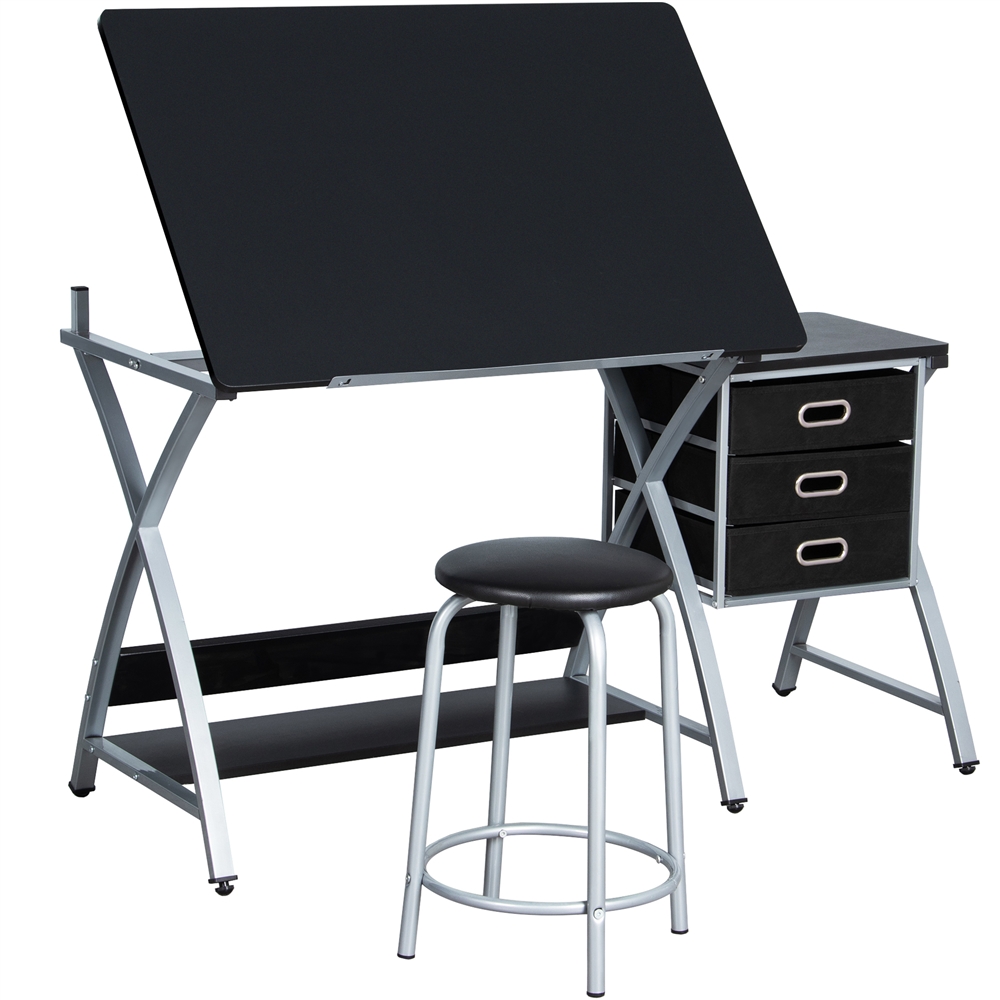 

Adjustable Drafting Table Drawing Station Desk Work Station For For Artists With Stool & 3 Slide Drawers, 50.5 X 24 X 45 In, Black