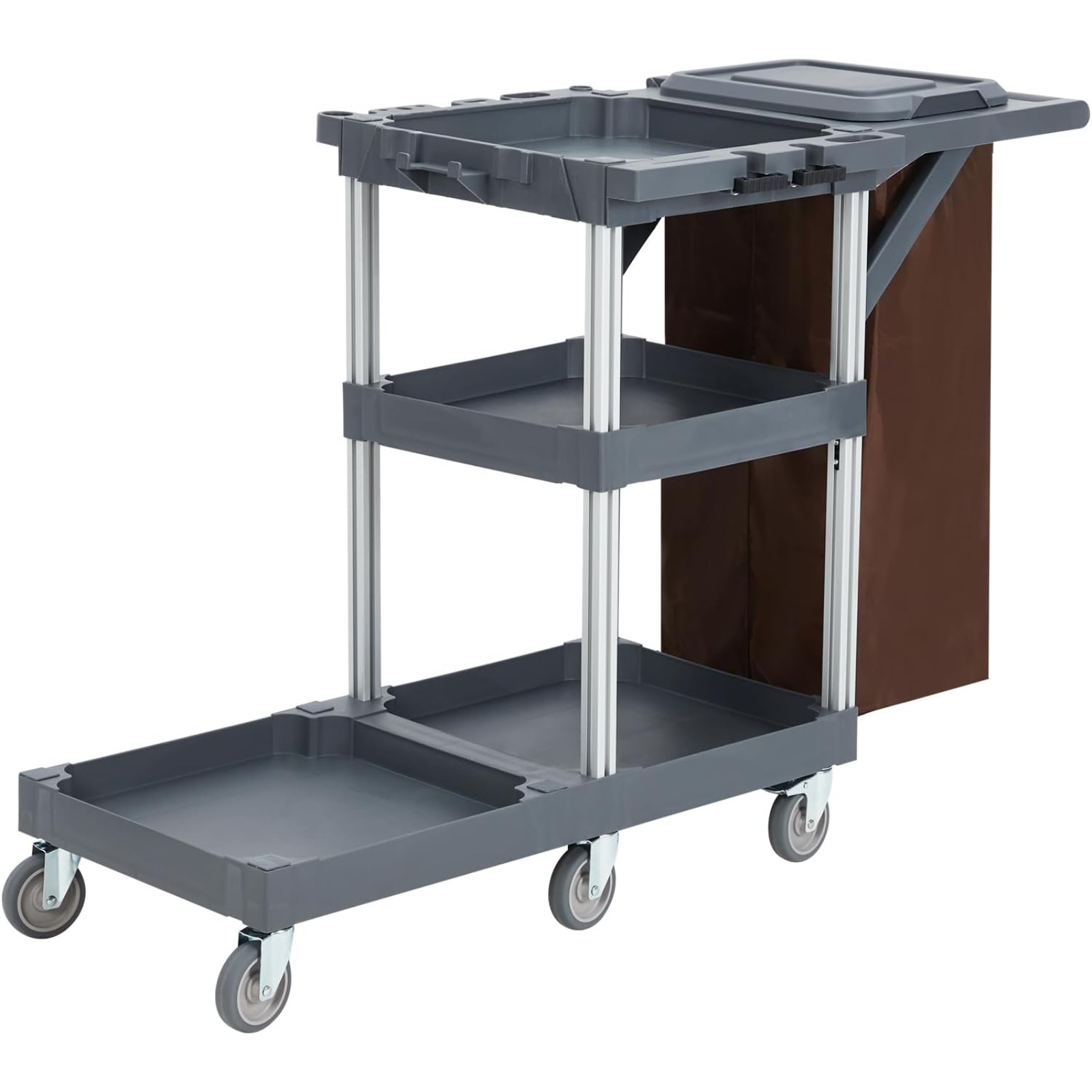 MERXENG Commercial Janitorial Cleaning Cart on Wheels - Black Housekeeping Caddy with Cover, Shelves and Vinyl Bag