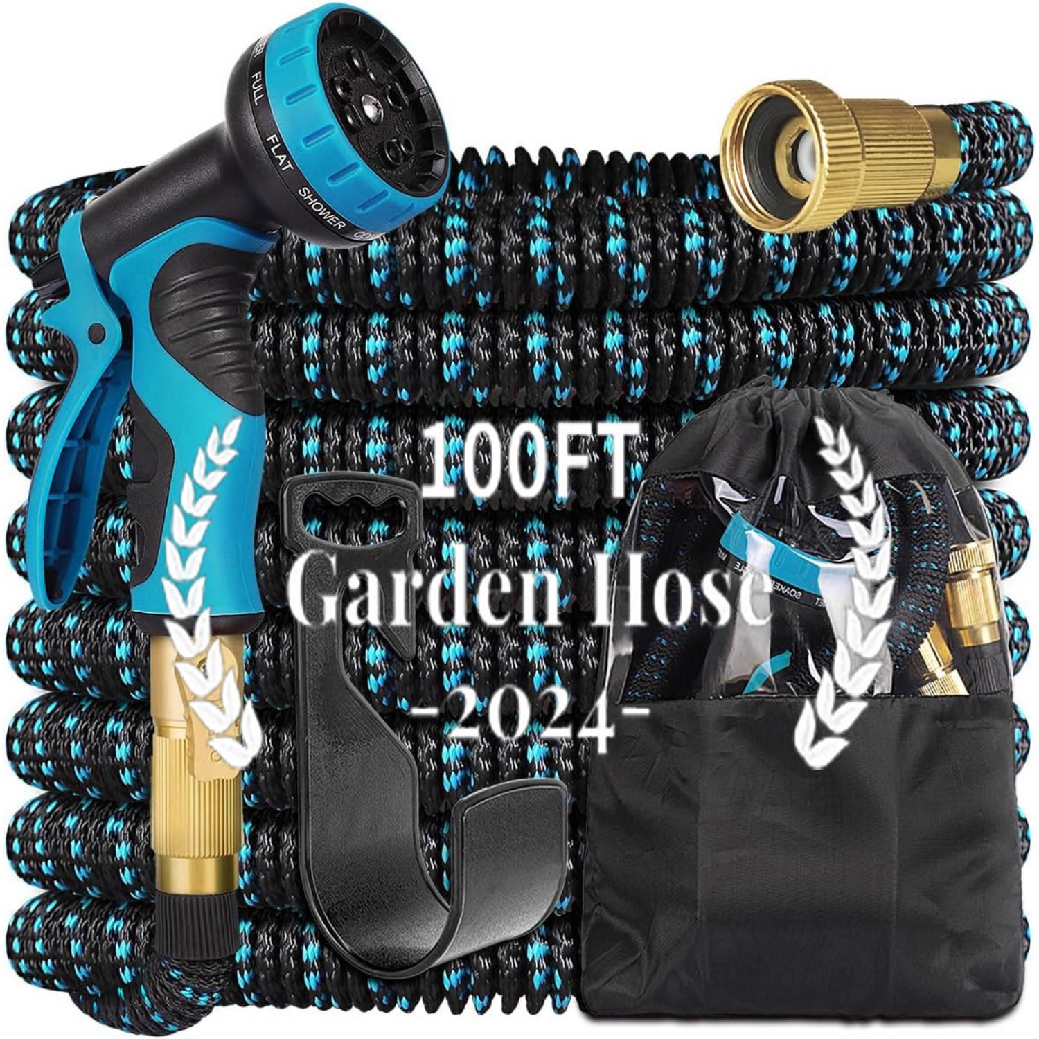 

Expandable Garden Hose 100ft, Expandable Hose With 10 Function Spray Nozzle, Flexible Hose 100 Feet, Crafted With 34" Solid Brass Fittings, 3750d Extra-strength Fabric
