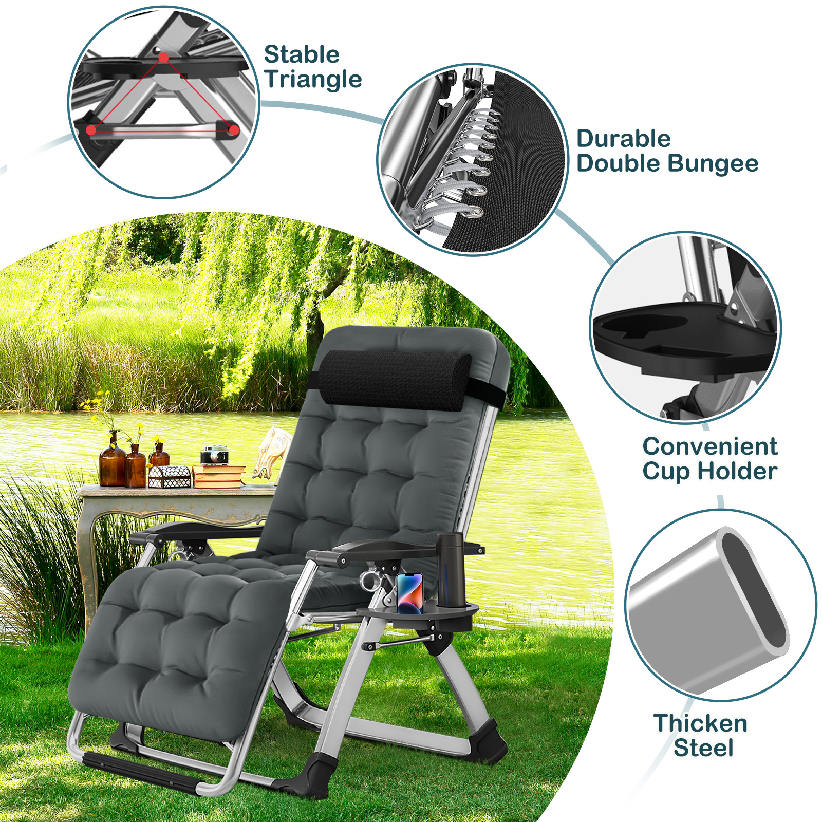 reclining lawn chair with cup holder