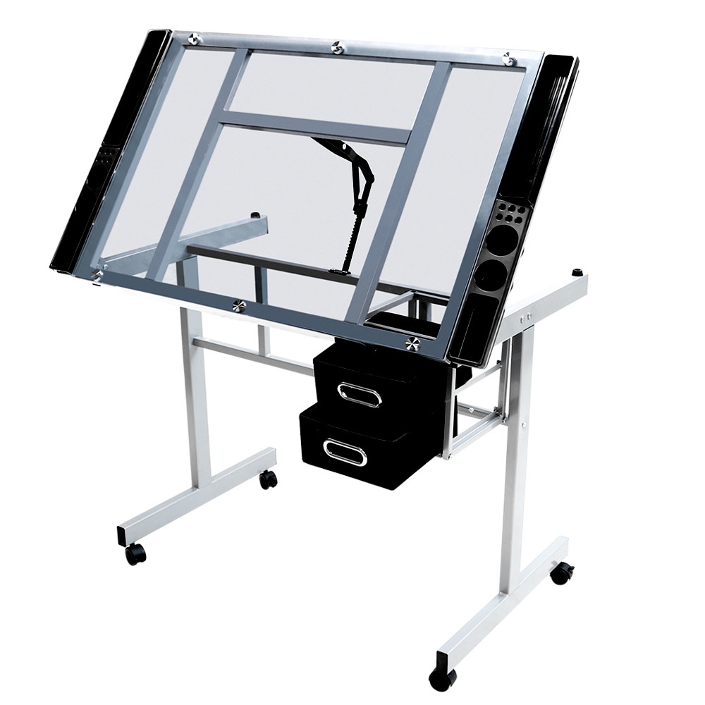 

Drawing Desk Adjustable Craft Table Glass Desk Art Table On Wheels For Artist Painters Home Office, Gray