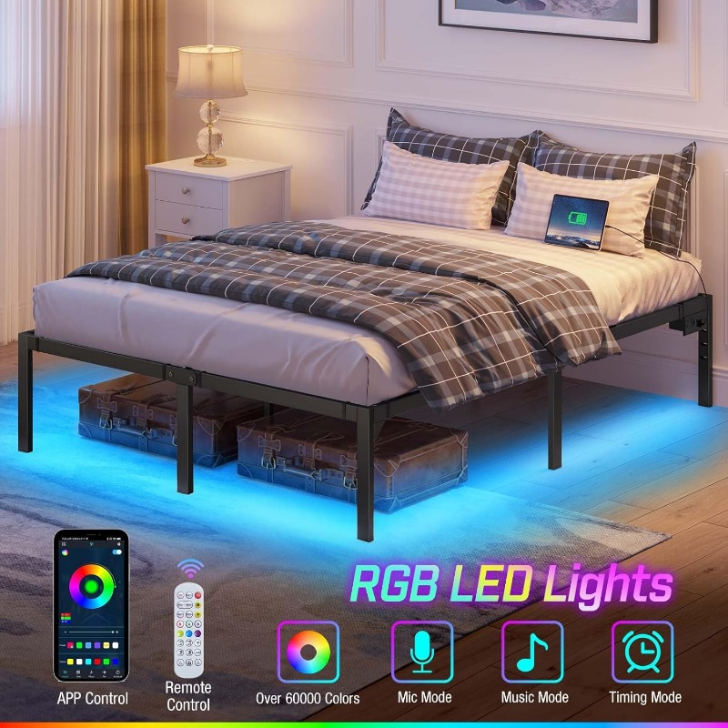 

Bed Frame With Usb Charging Station, Twin/full/queen/king Bed Frame With Led Lights, Platform Bed Frame With Heavy Duty Steel Slats, 14 /16/18"storage Space Beneath Bed