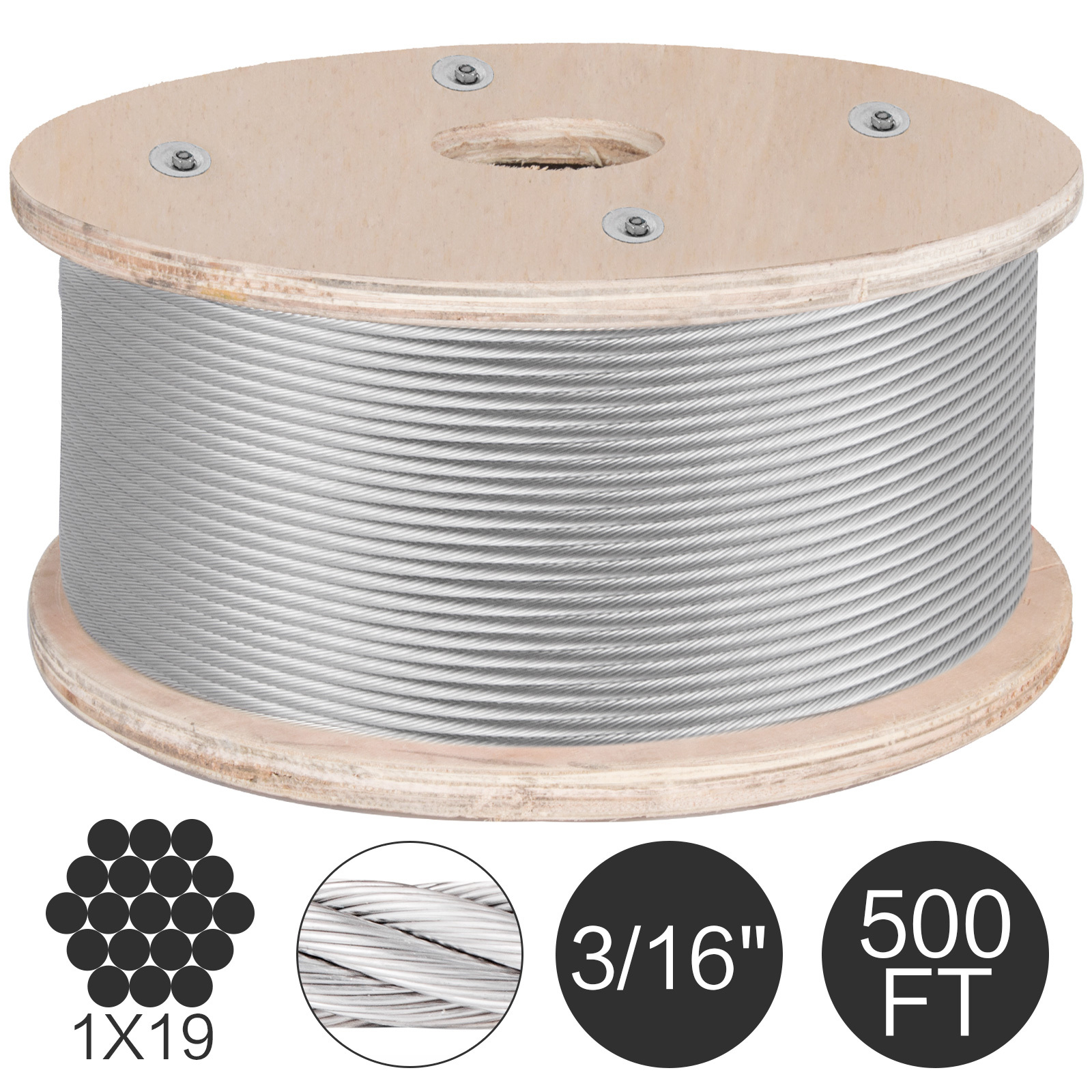 

Vevor 3/16 Stainless Steel Wire Rope 500ft, T316 Steel Wire Cable, Deck Railing 1x19 Construction, 4200lbs Breaking Strength For Stair Handrail Clothesline