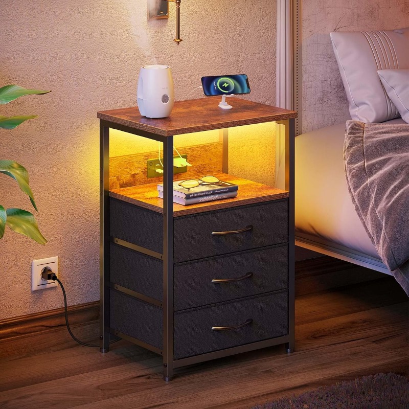 

Greenstell Nightstand With Charging Station And Led Light, Side Table With 3/4 Fabric Drawers, Bedside End Table With Usb And Outlets, For Bedroom