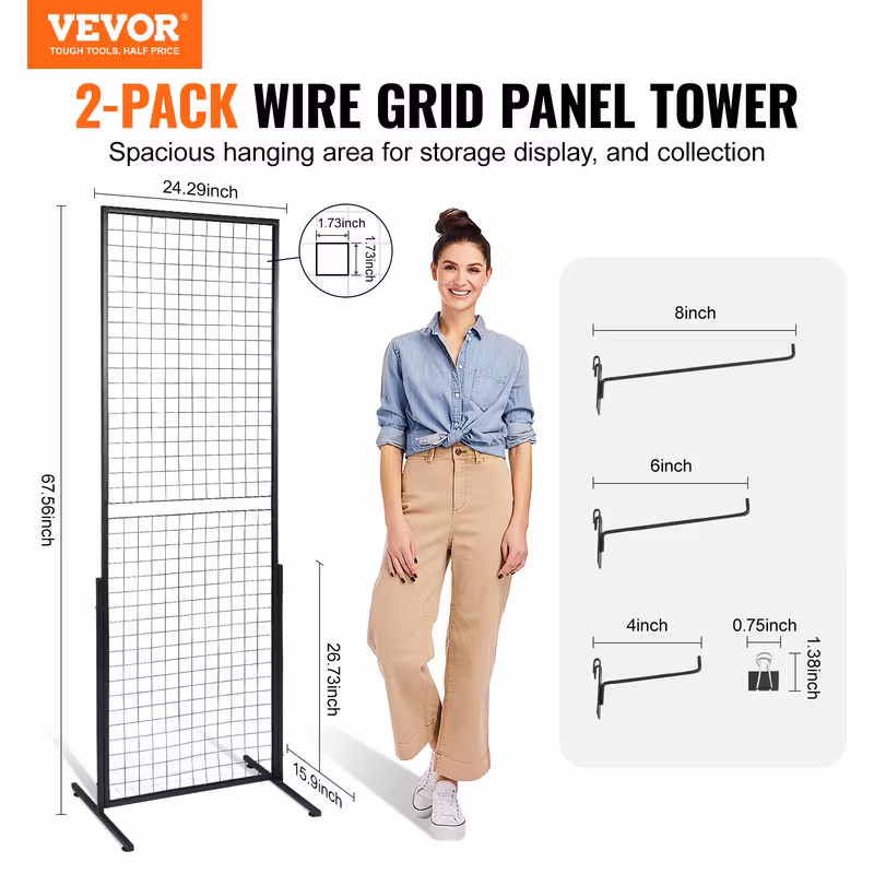panel de parede em grade de 2 x 5,6 , de 2 pacotes de painéis de grade de com suporte em t, painéis de parede em grade de para exposições de artesanato, exibição de varejo com clips e ganchos detalhes 1