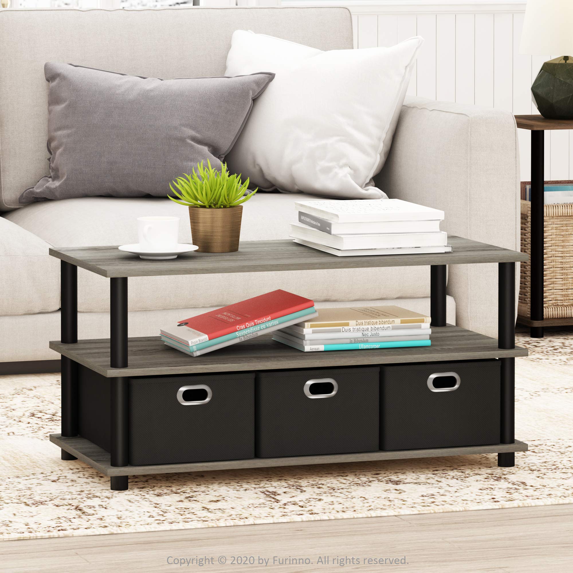

Wooden Coffee Table With Storage Bins, 31.22d X 15.5w X 15.8h Inches, French Oak Grey Black, Non-woven Bins Included