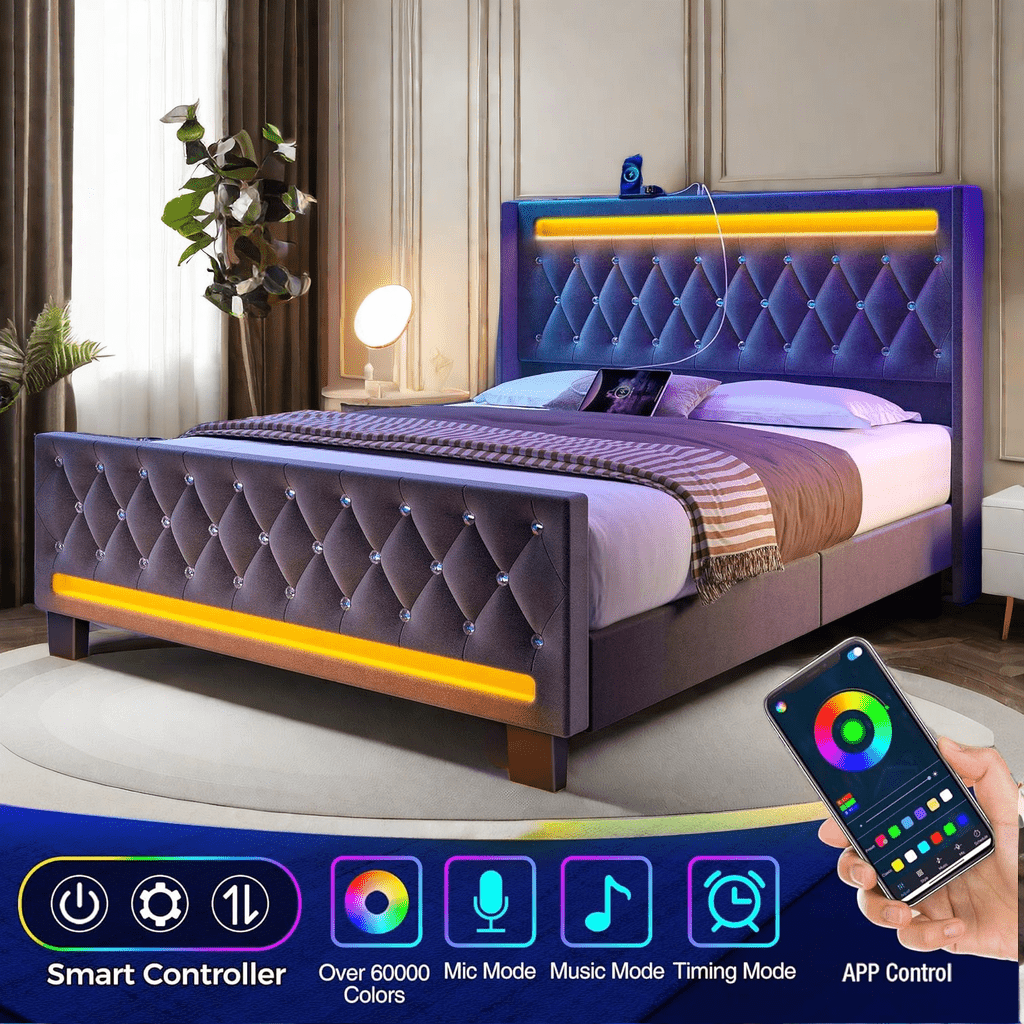 

Twin/full/queen/king Bed Frame With Led Light And Charging Station, Upholstered High Headboard And Footboard, Wood Slats, Noise Free, Easy Assembly,