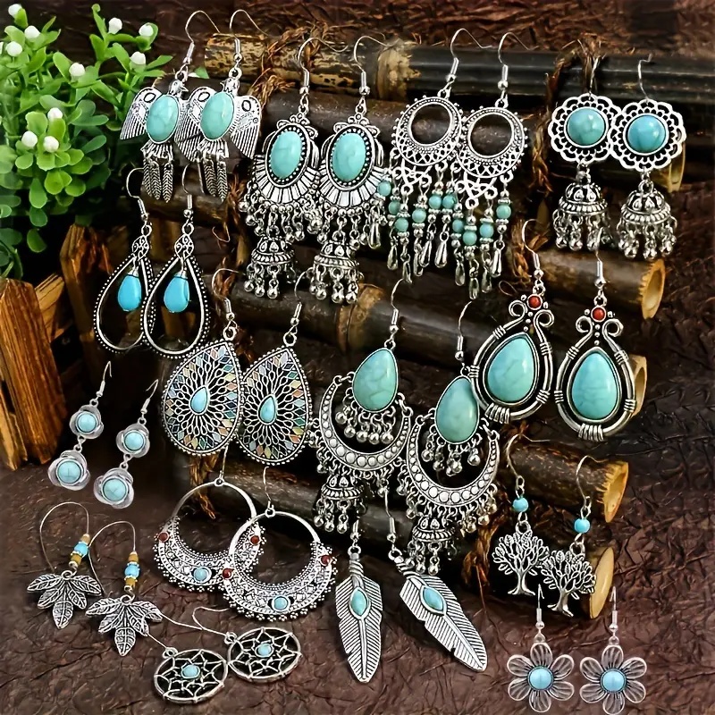 

15 Pairs Bohemian Ethnic Vintage Drop Earrings Set Acrylic Turquoise Dangle Earrings Women Elegant Daily Outfits Party Jewelry For Christma's Gift