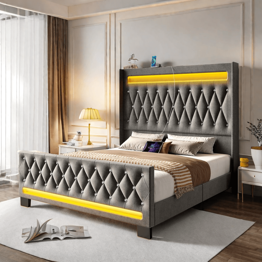 

Twin/full/queen/king Bed Frame With Led Light And Charging Station, Upholstered High Headboard And Footboard, Wood Slats, , Easy ,