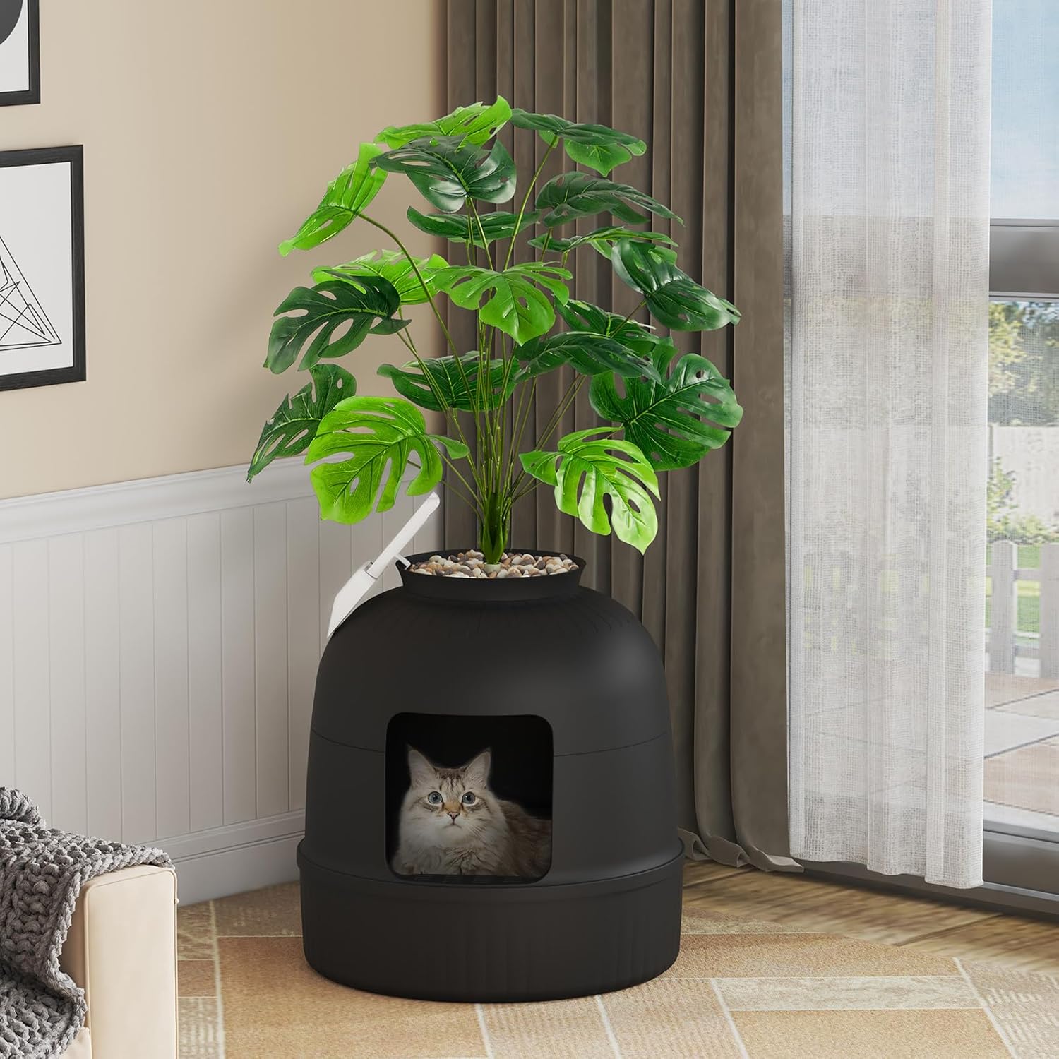 

Litter Box Cat With Faux Plant & Scoop, Hidden Enclosure Litter Tray With Odor Control & Carbon Filter In Bedroom, Living Room, Corner
