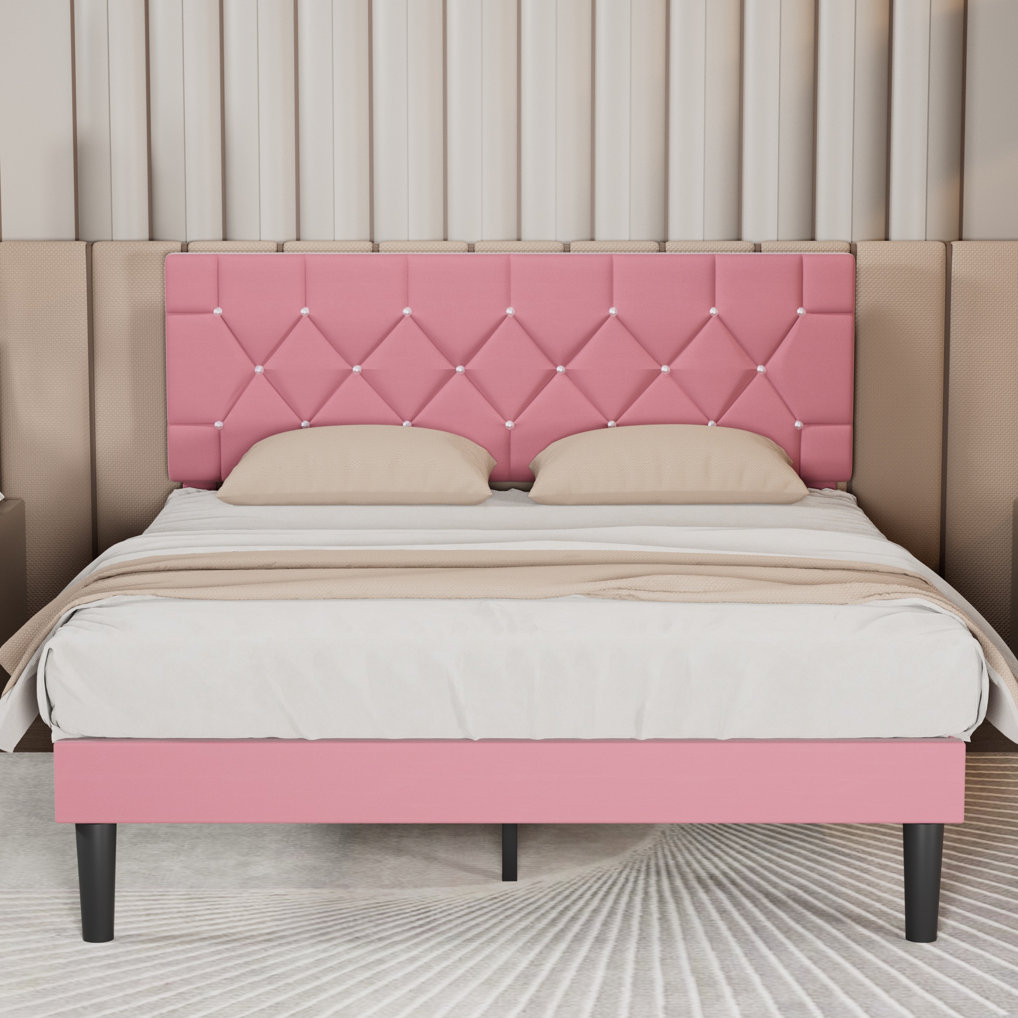 TEMU Vecelo Upholstered Platform Bed Twin/full/queen Size With Adjustable Diamond Tufted Headboard, Pink