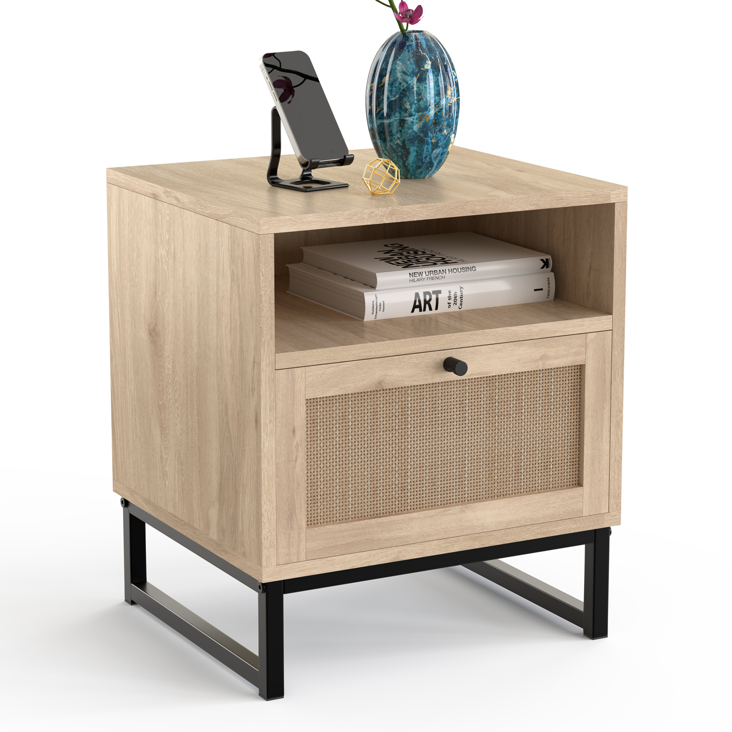 

Large Modern Rattan Nightstand Boho Wood Accent Table With Storage Cabinet Natural Light Wooden End Table