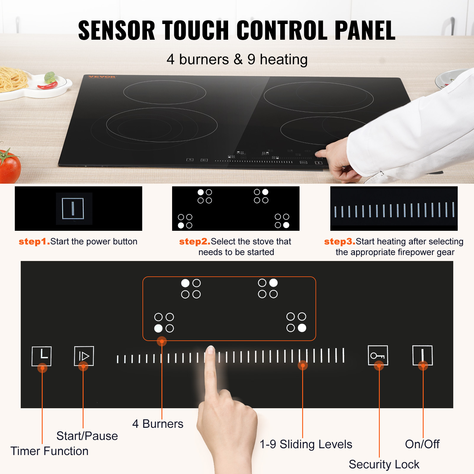 Vevor Built In Electric Stove Top, 24 Inch 4 Burners, 240v Glass Cooktop With Control, Timer & Child Lock Included, Levels For Simmer Steam Slow Cook Fry