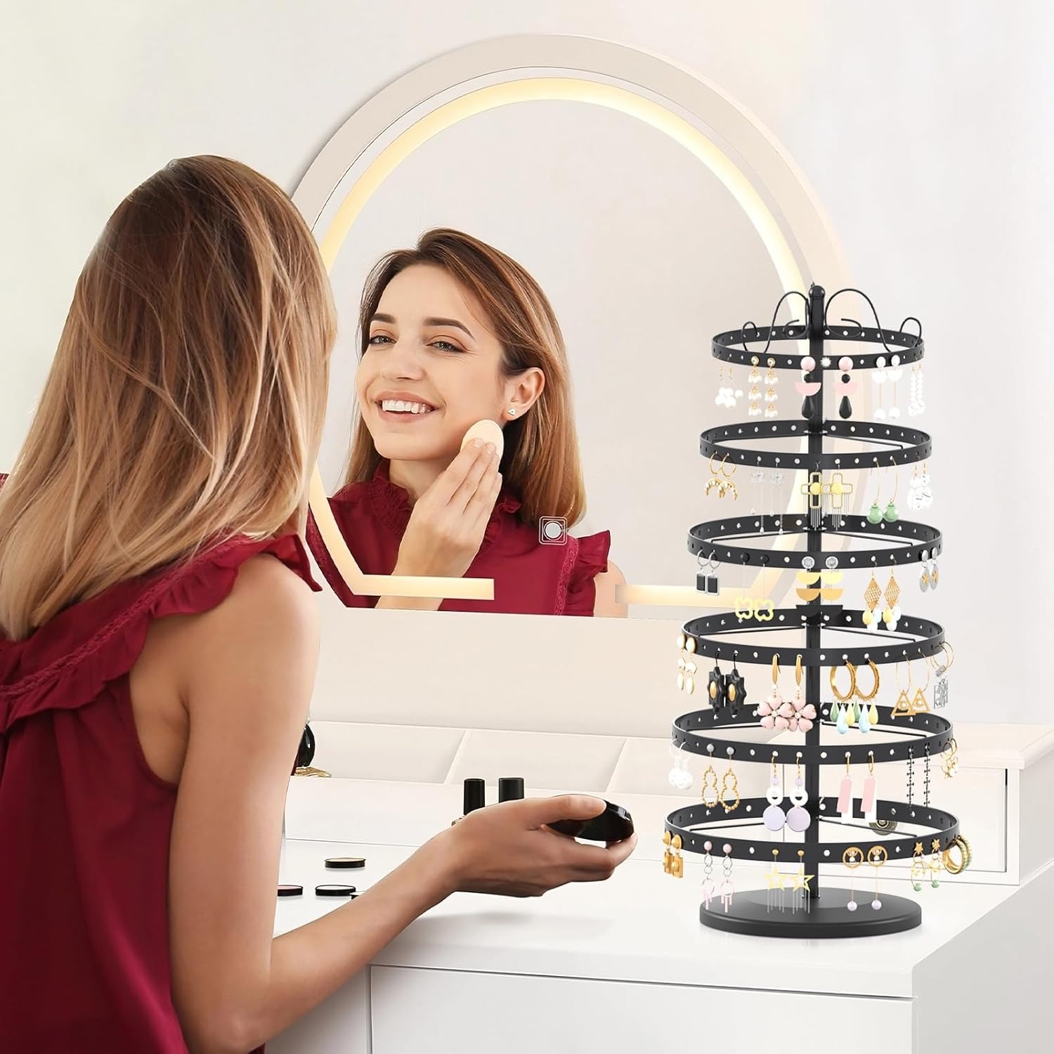 TEMU Rotating Tier Jewelry Display Stand Earring Holder Organizer For Women Girls, Adjustable Metal Holes Earring Tree - Black